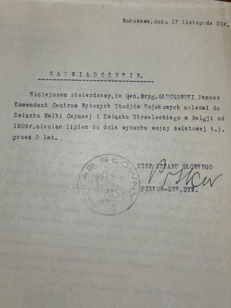 Zaswiadczenie Piskora 17.XI.1930 (rescan z lepszym oswietleniem, element ARG/II/176)