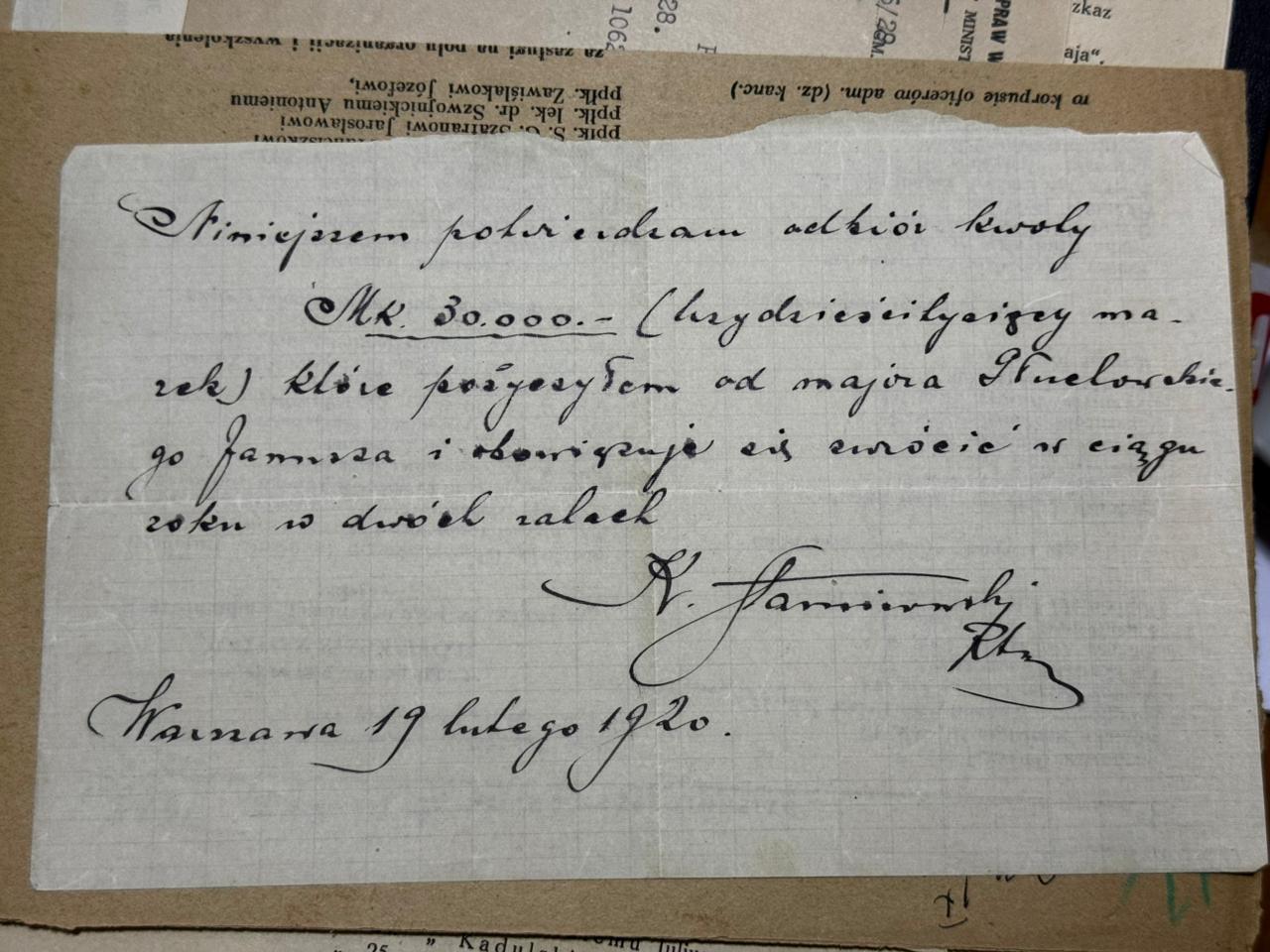 Pokwitowanie pożyczki 30.000 marek polskich od mjr. Janusza Głuchowskiego przez X. Jasiurowskiego — Warszawa, 19.II.1920
