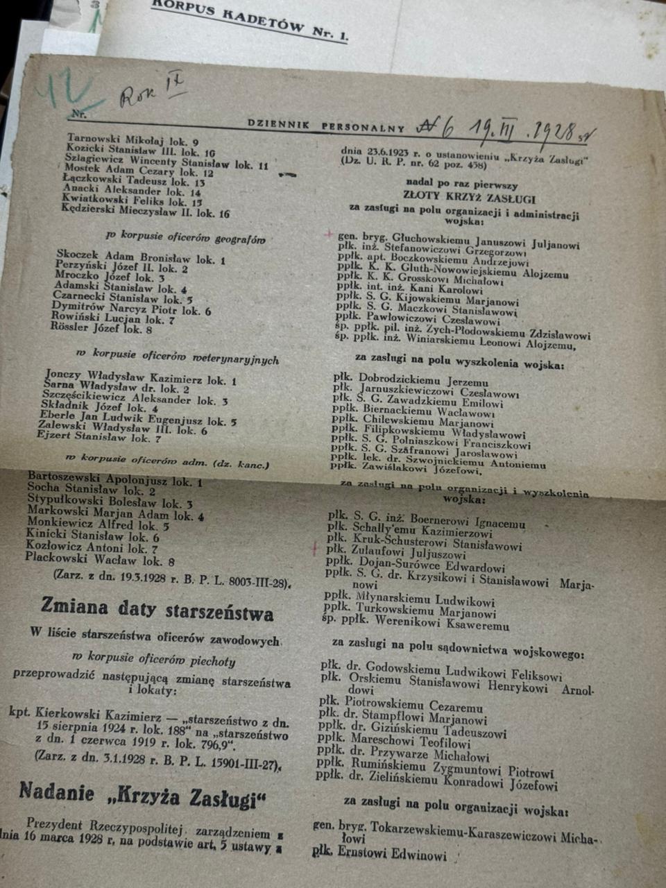 Dziennik Personalny MSWojsk Nr 6/1928 — pierwsze nadanie Złotego Krzyża Zasługi; gen. bryg. Głuchowski pierwszy na liście