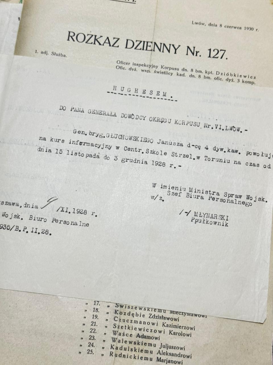 Telegram Hughesem MSWojsk (ppłk. Młynarski) — powołanie Janusza na kurs w Centr. Szkole Strzel. Toruń, 9.XI.1928