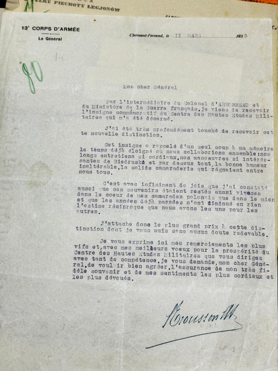 List gen. Broussona (13e Corps d'Armée, Clermont-Ferrand) do gen. Głuchowskiego, 11.III.1933