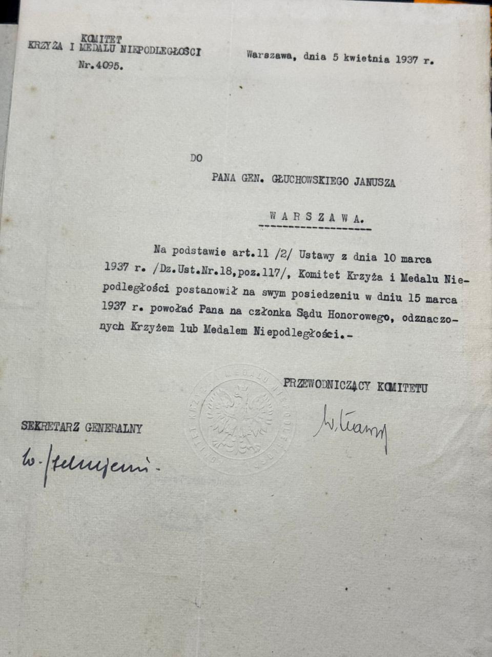 Powołanie gen. Głuchowskiego na członka Sądu Honorowego Komitetu Krzyża i Medalu Niepodległości, 5.IV.1937
