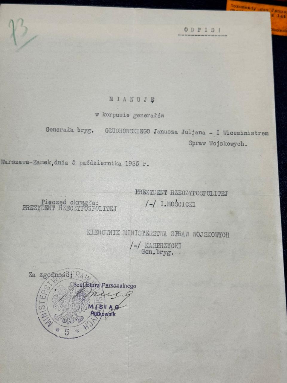 Akt mianowania Janusza Głuchowskiego na I Wiceministra Spraw Wojskowych — podpisy Mościckiego i Kasprzyckiego