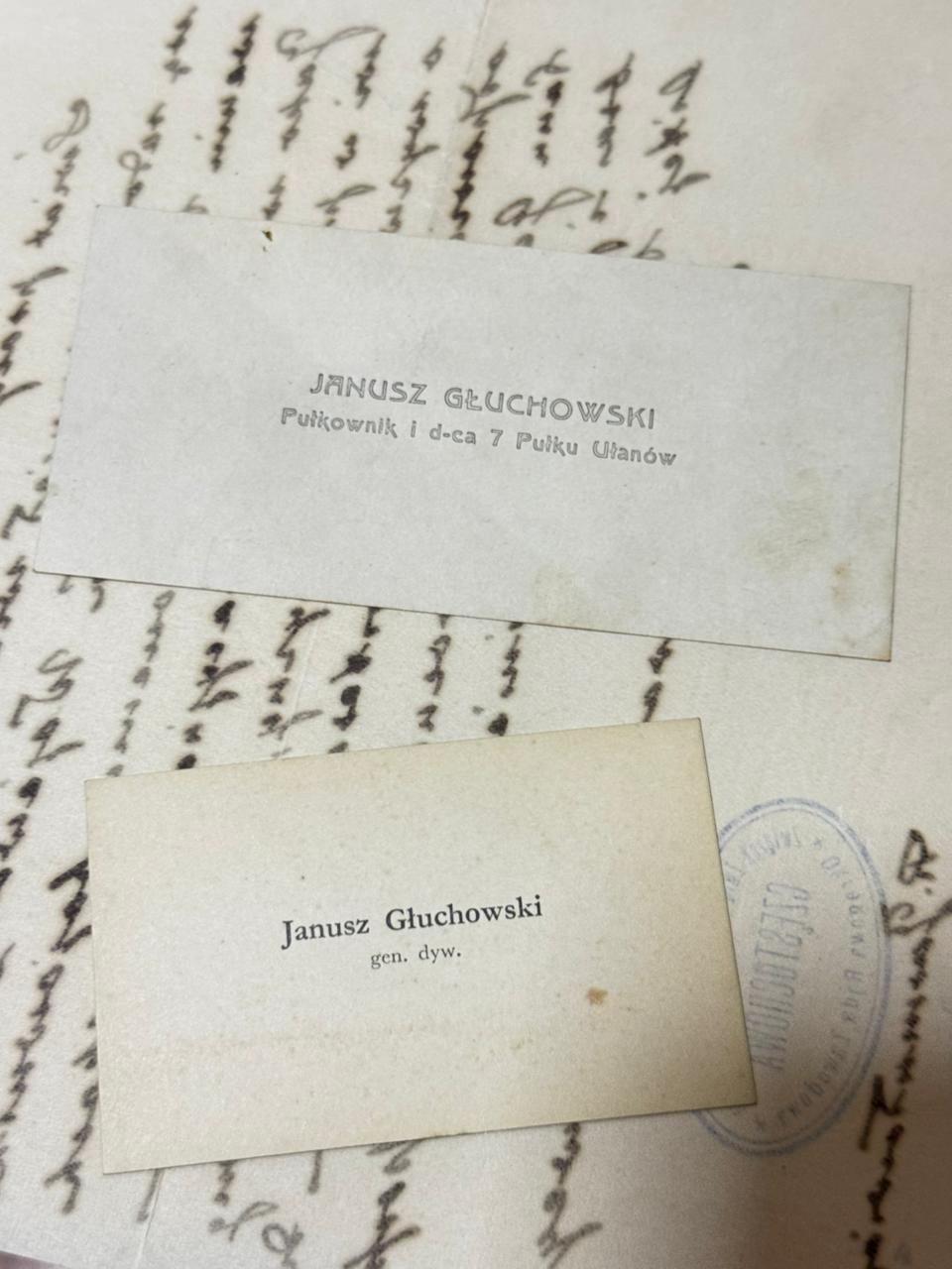 Dwie wizytowki Janusza Gluchowskiego — zestaw (Pulkownik 7 PU + gen. dyw.)