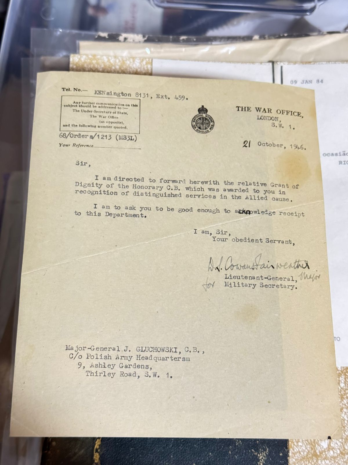 War Office — pismo ws. nadania Honorary Companion of the Order of the Bath (C.B.) gen. Głuchowskiemu