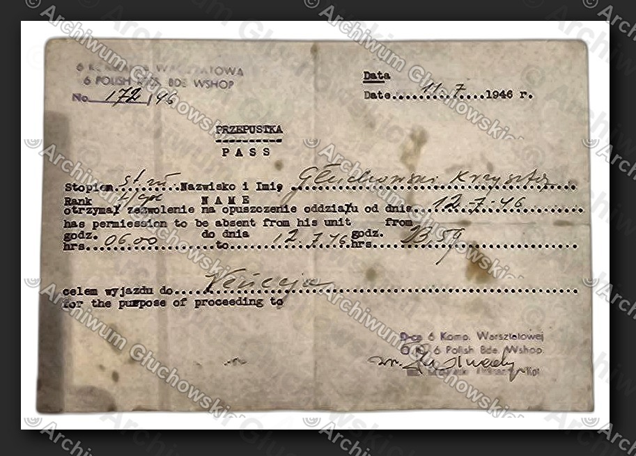 Przepustka wojskowa (PASS) — D-wo 3 DSK, 14.II.1946