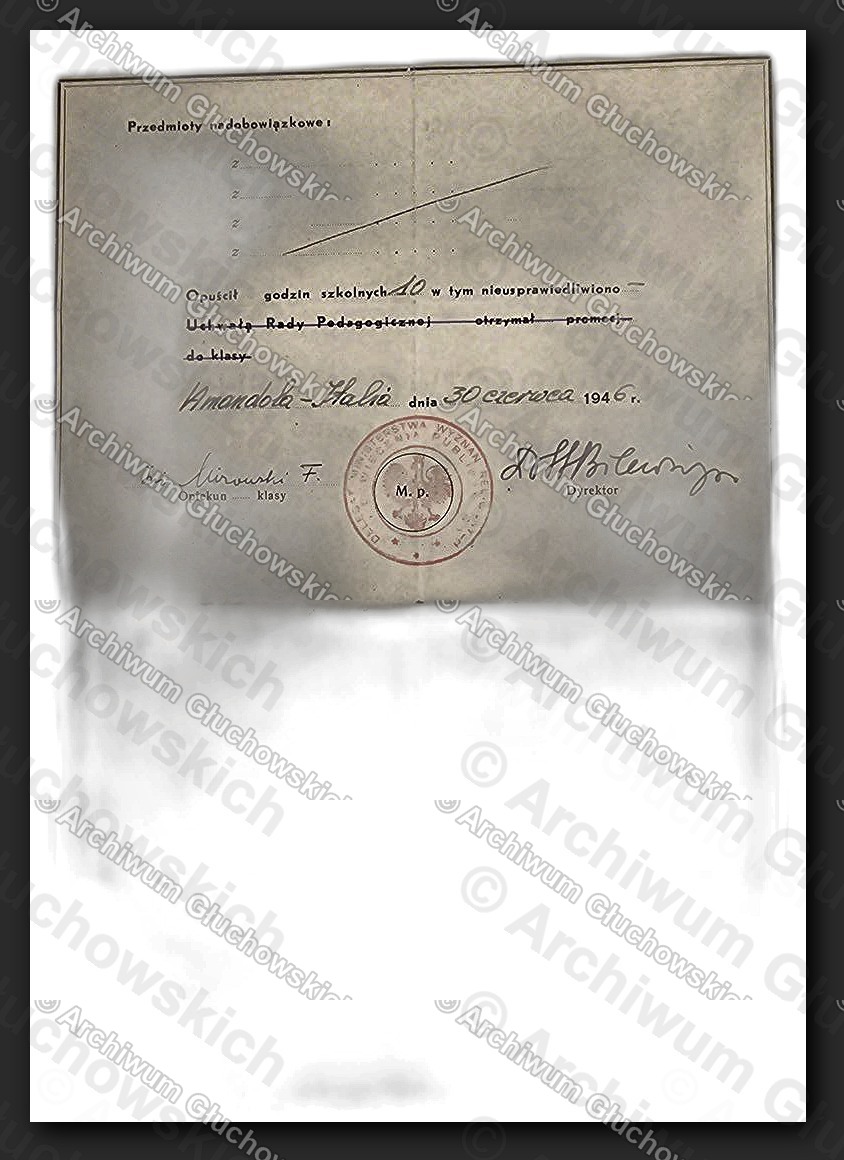 Świadectwo Liceum — verso z pieczęcią, Homeracle-Italia, VI.1946