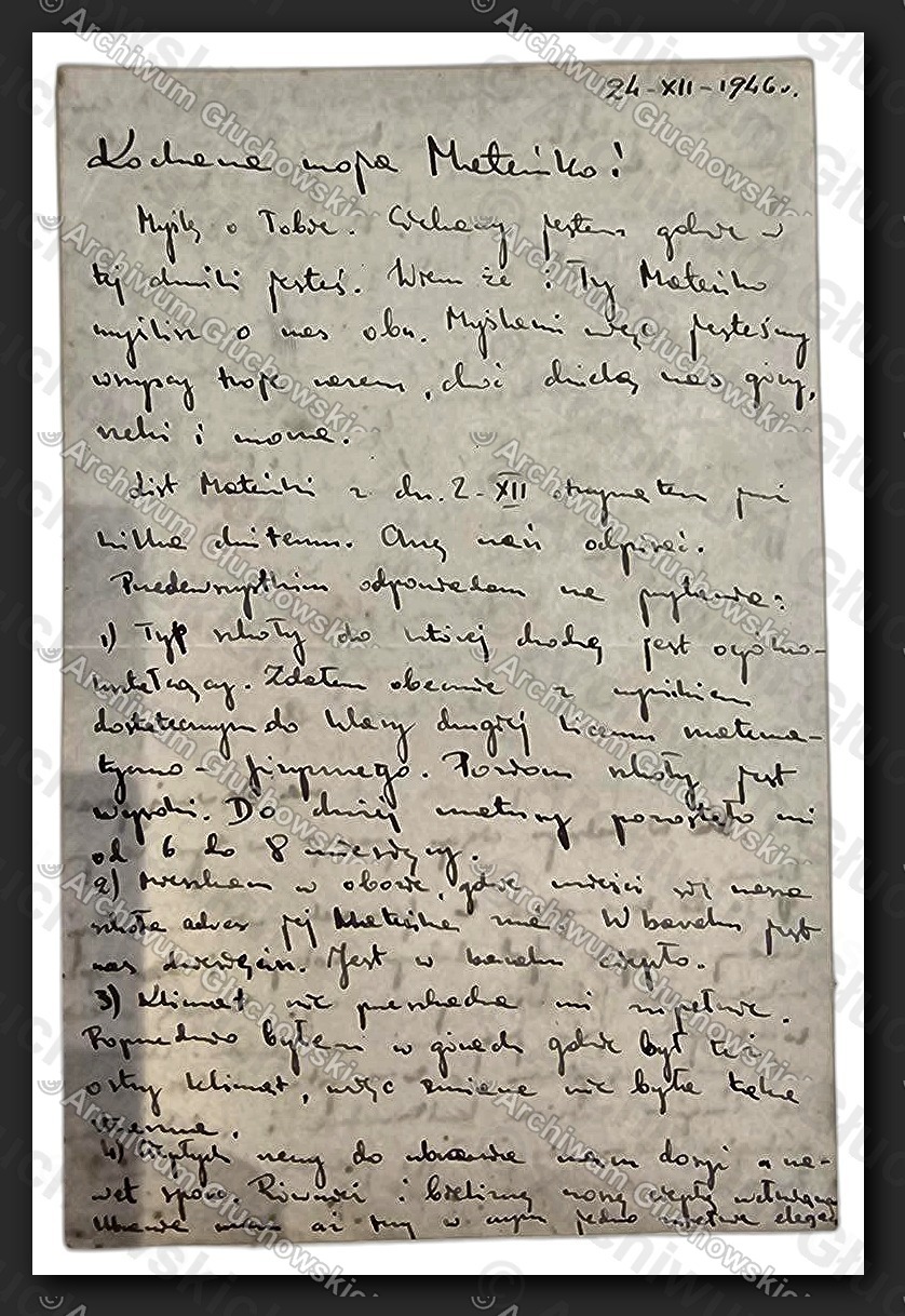 List do matki — 'Kochana moja Matenko!' — Wigilia 24.XII.1946, str. 1