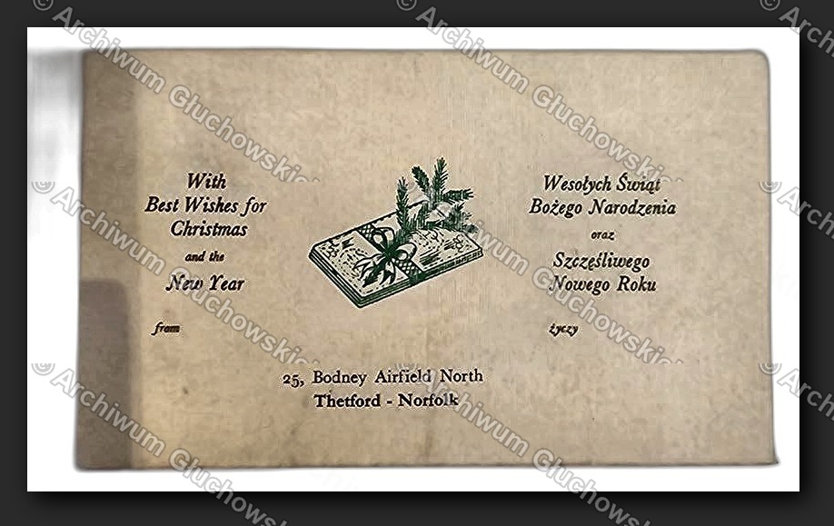 Kartka świąteczna PL/EN — 'Wesołych Świąt / Christmastide Greetings 1947', Bodney Airfield