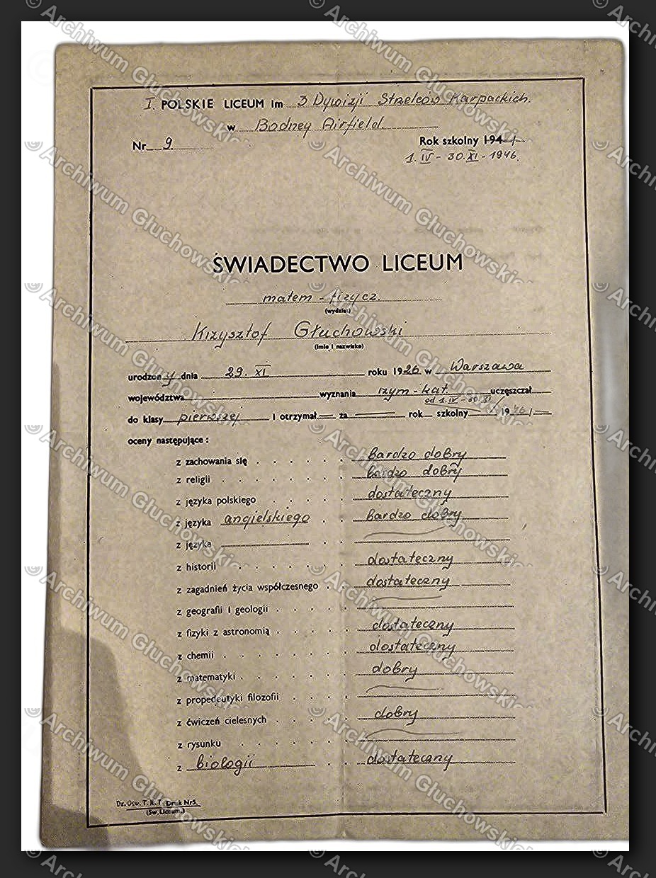 Świadectwo I Polskiego Liceum im. 3 DSK — Bodney (Norfolk), Nr 3, klasa 3a/37