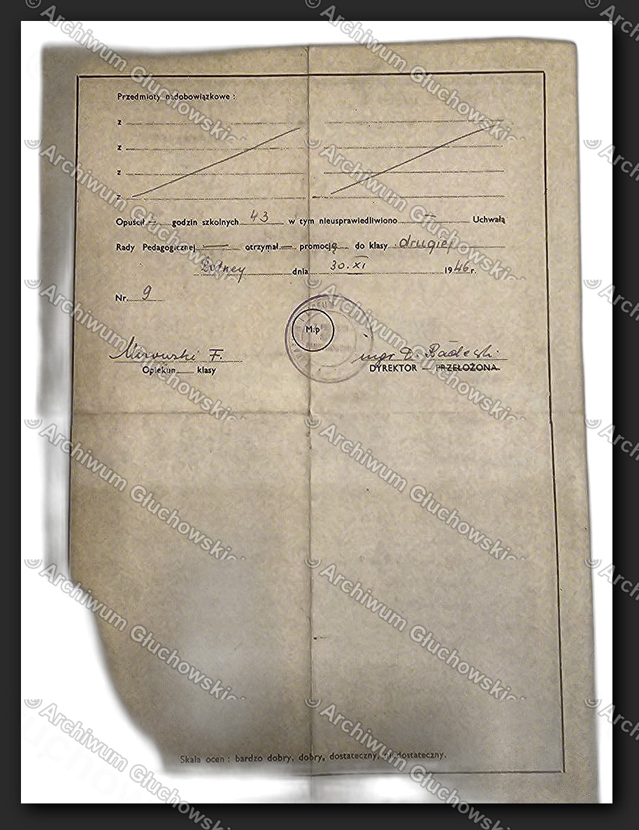 Świadectwo Liceum Bodney — verso z pieczęcią (30.VI.1946)