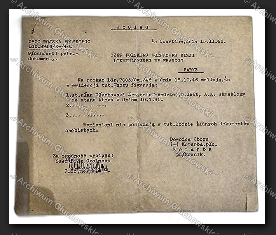 WYCIĄG — La Courtine, 15.XI.1946: st. ułan Głuchowski 'A.K. skreślony ze stanu Obozu', brak dokumentów
