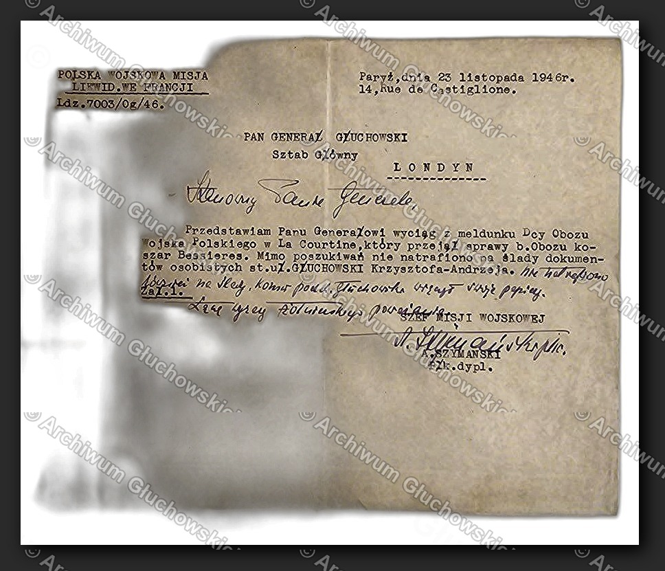 Pismo Polskiej Misji Wojskowej — Paryż, 23.XI.1946, do PANA GENERAŁA GŁUCHOWSKIEGO w Londynie