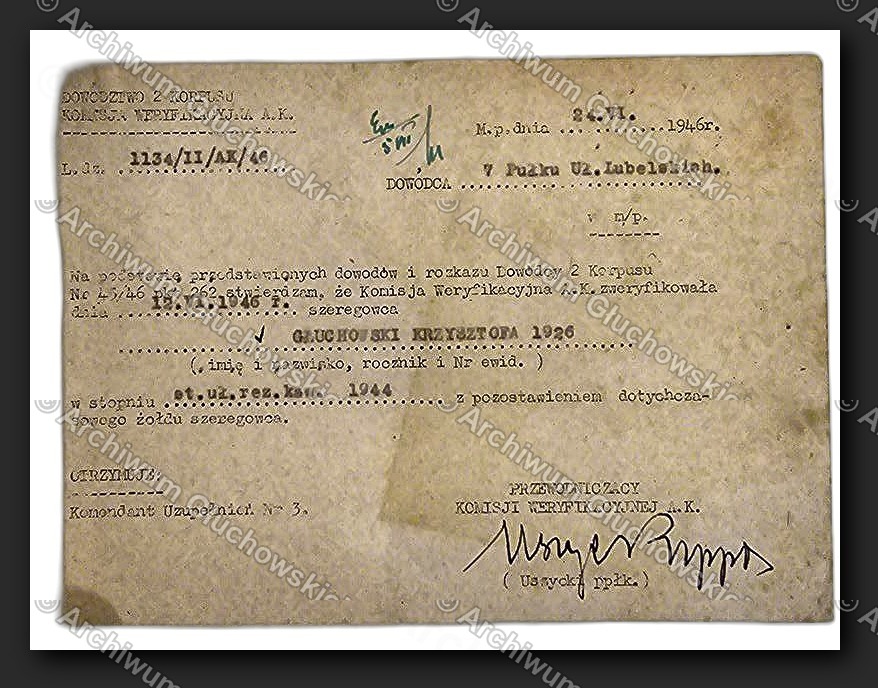 Zaświadczenie Komisji Weryfikacyjnej AK — 7 Pułk Ułanów Lubelskich, 24.VI.1946