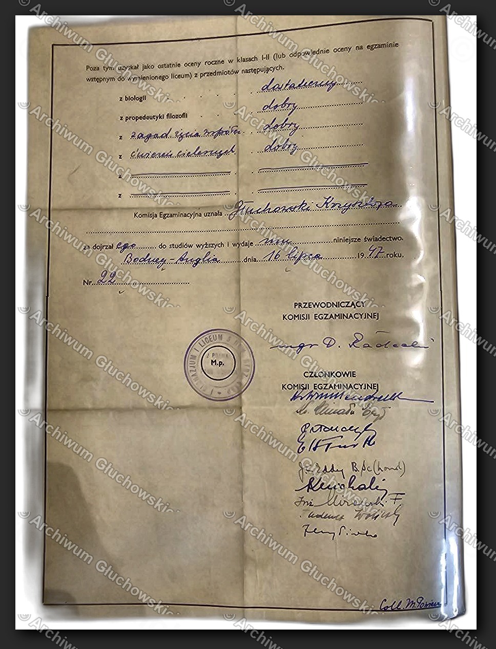 Świadectwo Dojrzałości — verso, podpisy komisji, dalsze oceny