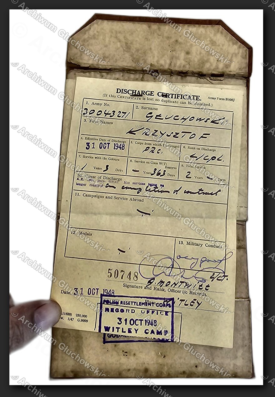 Discharge Certificate — Army No. 3004271, Pte Głuchowski Krzysztof, Witley Camp, 31.X.1948