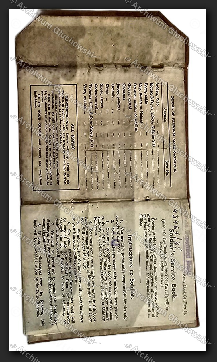 Soldier's Service Book — okładka wewnętrzna i strona tytułowa