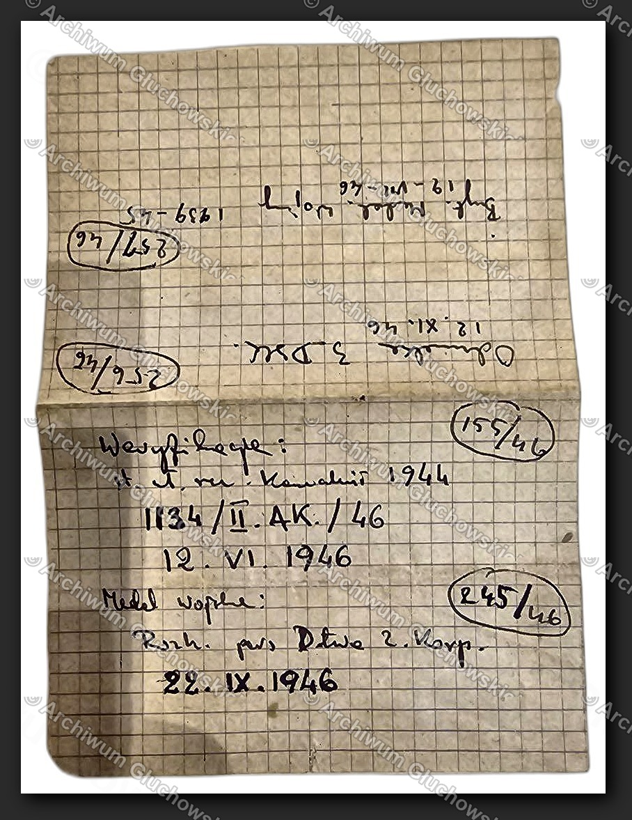 Notatki ewidencyjne — odznaczenia, weryfikacja AK, numer 1134/II AK/46