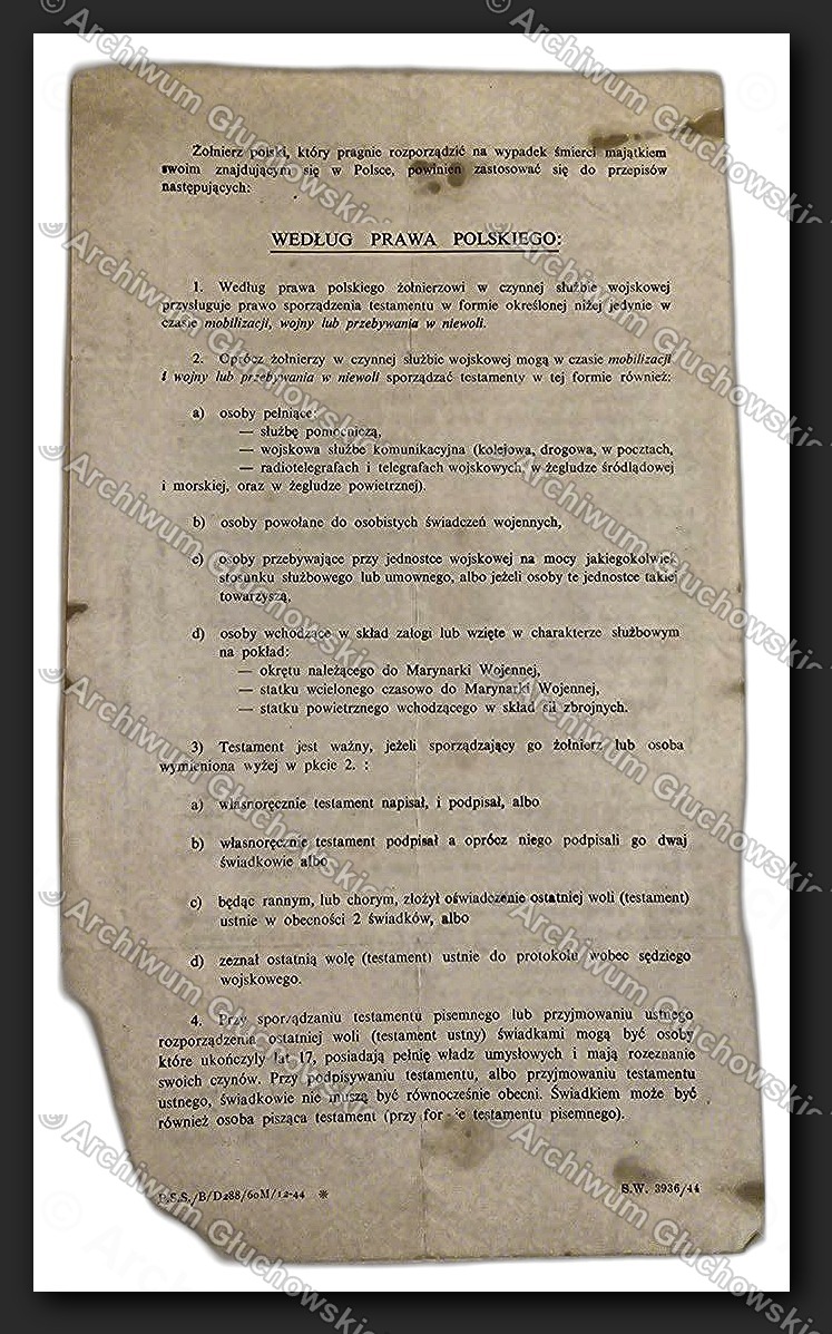 Formularz testamentu własnoręcznego — druk wojskowy (Prawo Polskie)