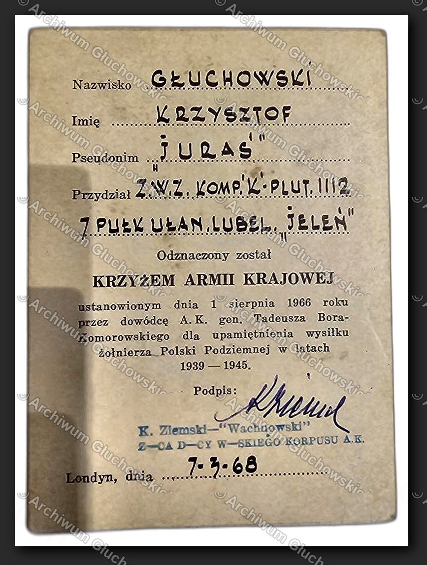 Legitymacja Krzyża Armii Krajowej Nr 3316 — ps. 'JURAŚ', 7 P.Uł.Lubel. 'JELEŃ', podpis Ziemski-Wachnowski