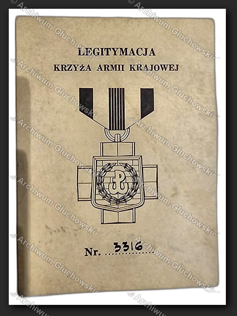 Legitymacja Krzyża AK — okładka: 'LEGITYMACJA KRZYŻA ARMII KRAJOWEJ Nr. 3316'