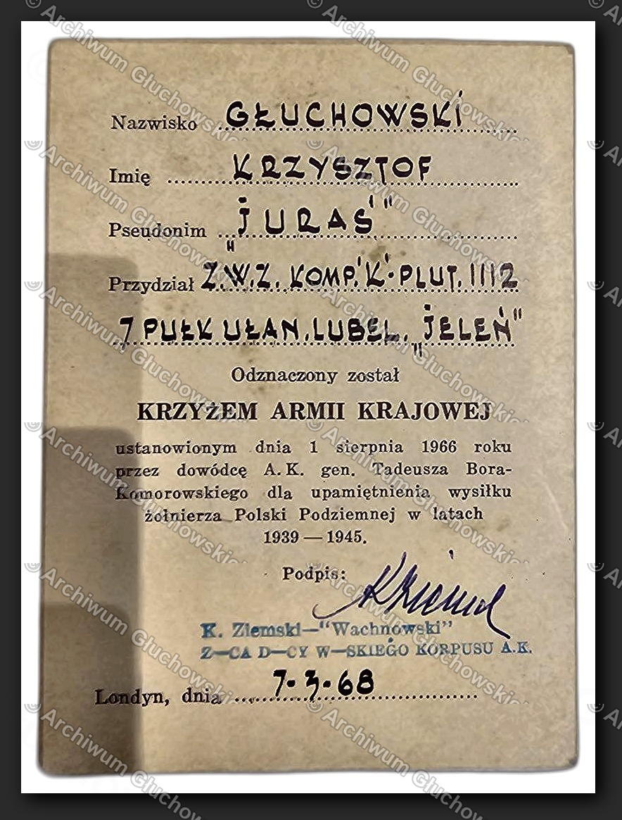 Legitymacja Krzyża AK — drugi egzemplarz, identyczna treść, podpis Ziemskiego