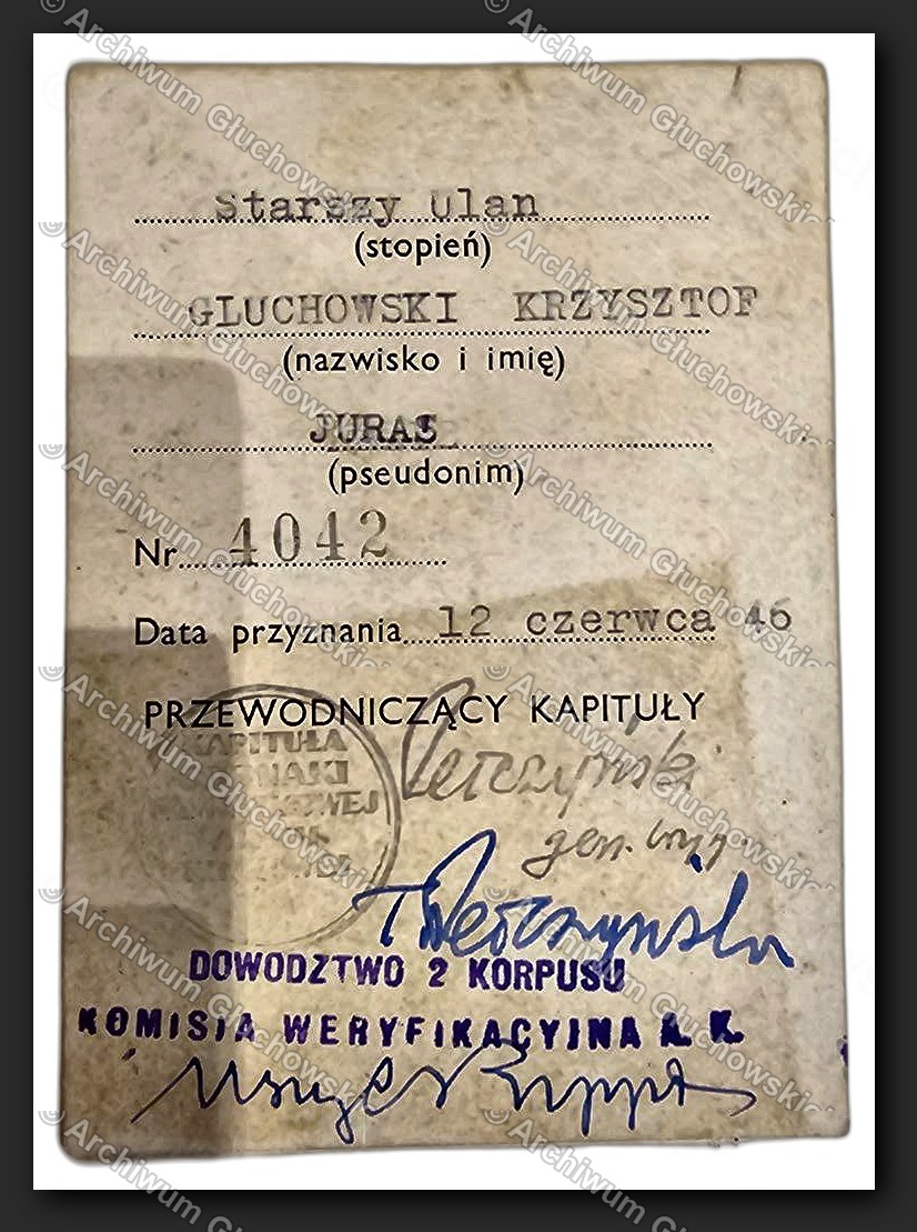Legitymacja Odznaki Pamiątkowej AK — wewnątrz: St.Uł. Głuchowski Krzysztof, ps. JURAS, Nr 4042