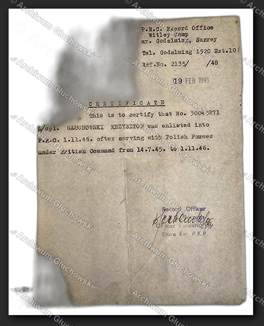 Certificate P.R.C. Record Office — Witley Camp, 19.II.1948