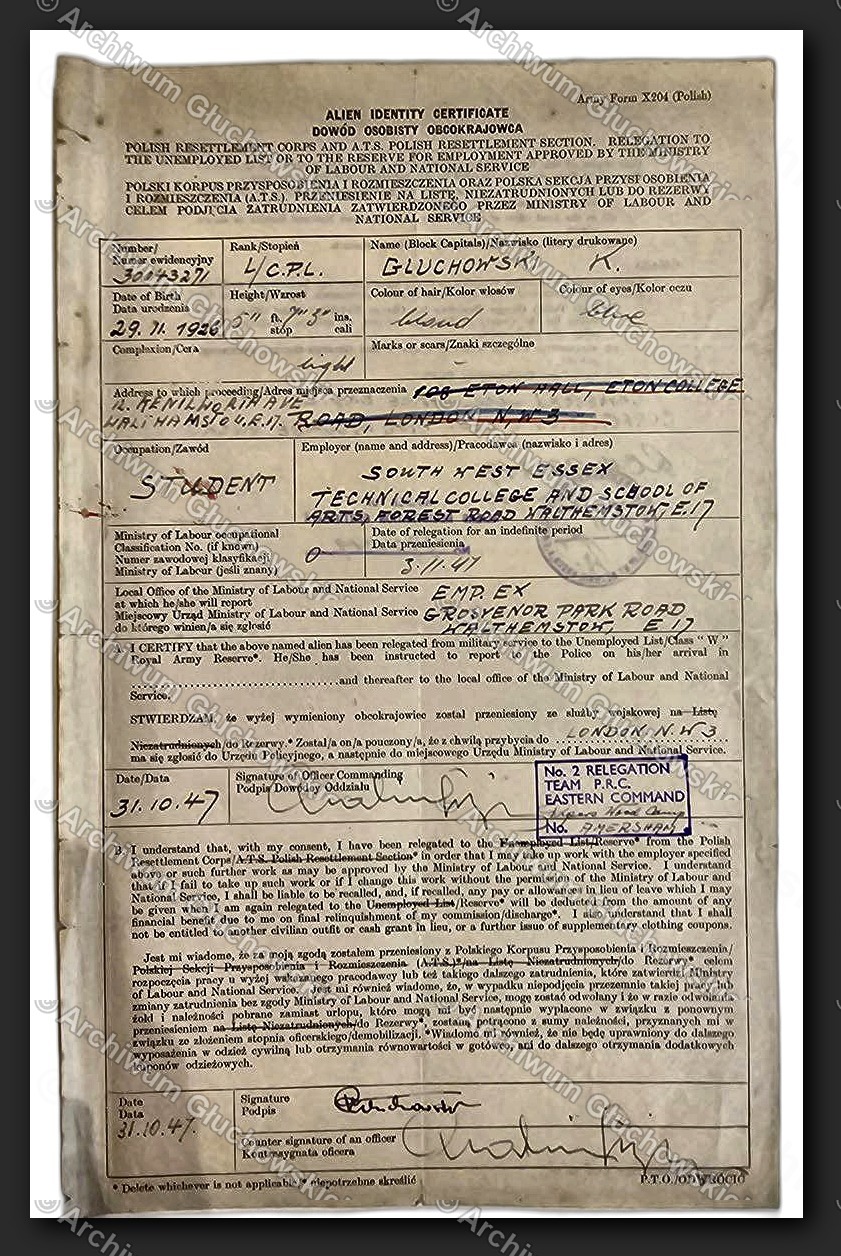 Alien's Identity Certificate — South West Essex Technical College, 31.X.1947