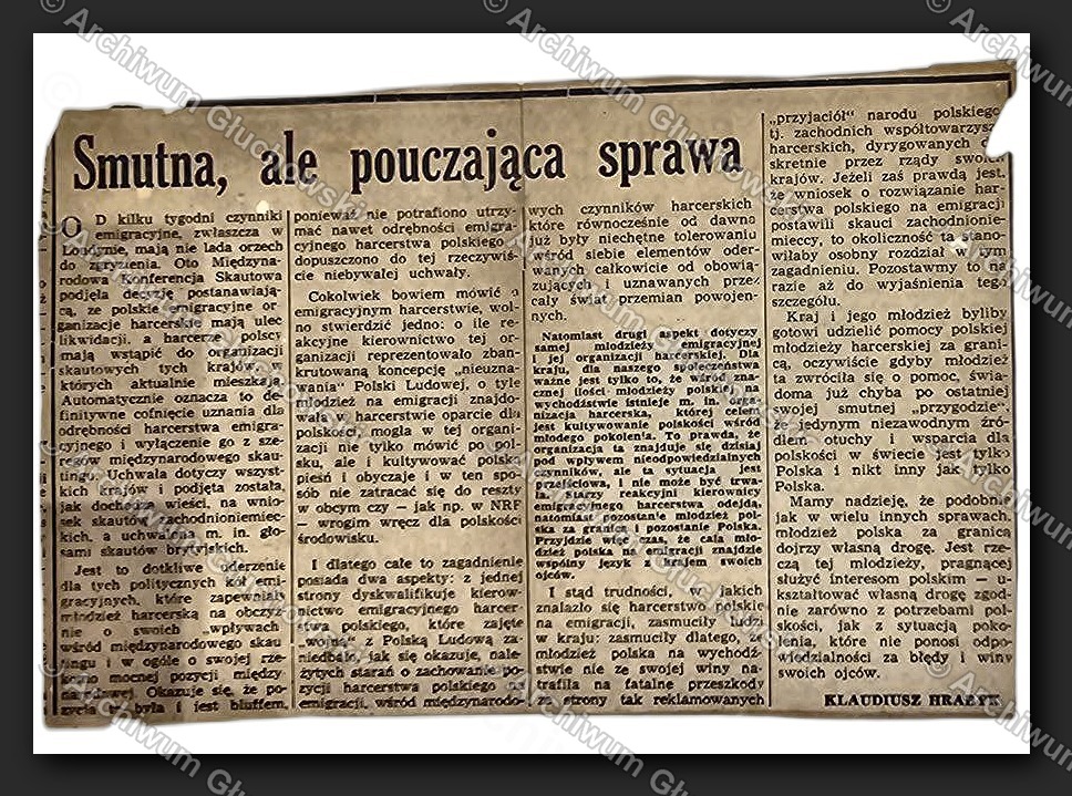 Wycinek prasowy 'Smutna, ale pouczająca sprawa' — Klaudiusz Hrabyk, prasa polonijna