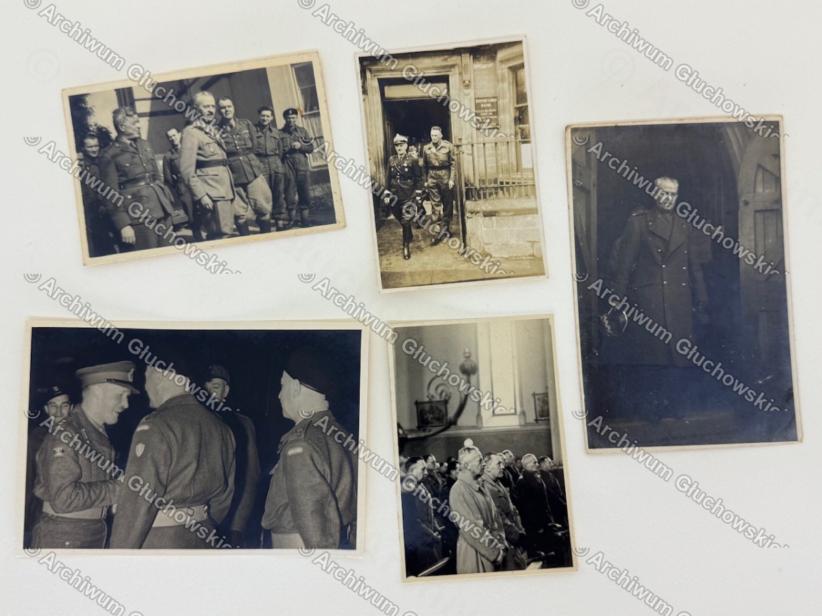 Zestaw 5 fotografii gen. Głuchowskiego — Zjazd Kawalerzystów IV.1941, powitanie gen. Broniewskiego 1945, British Linen Bank, portret. Szkocja