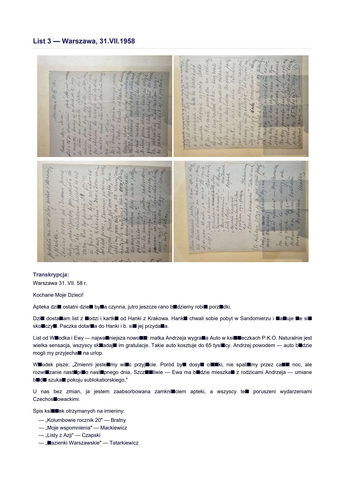 List Wandy z 31.VII.1958