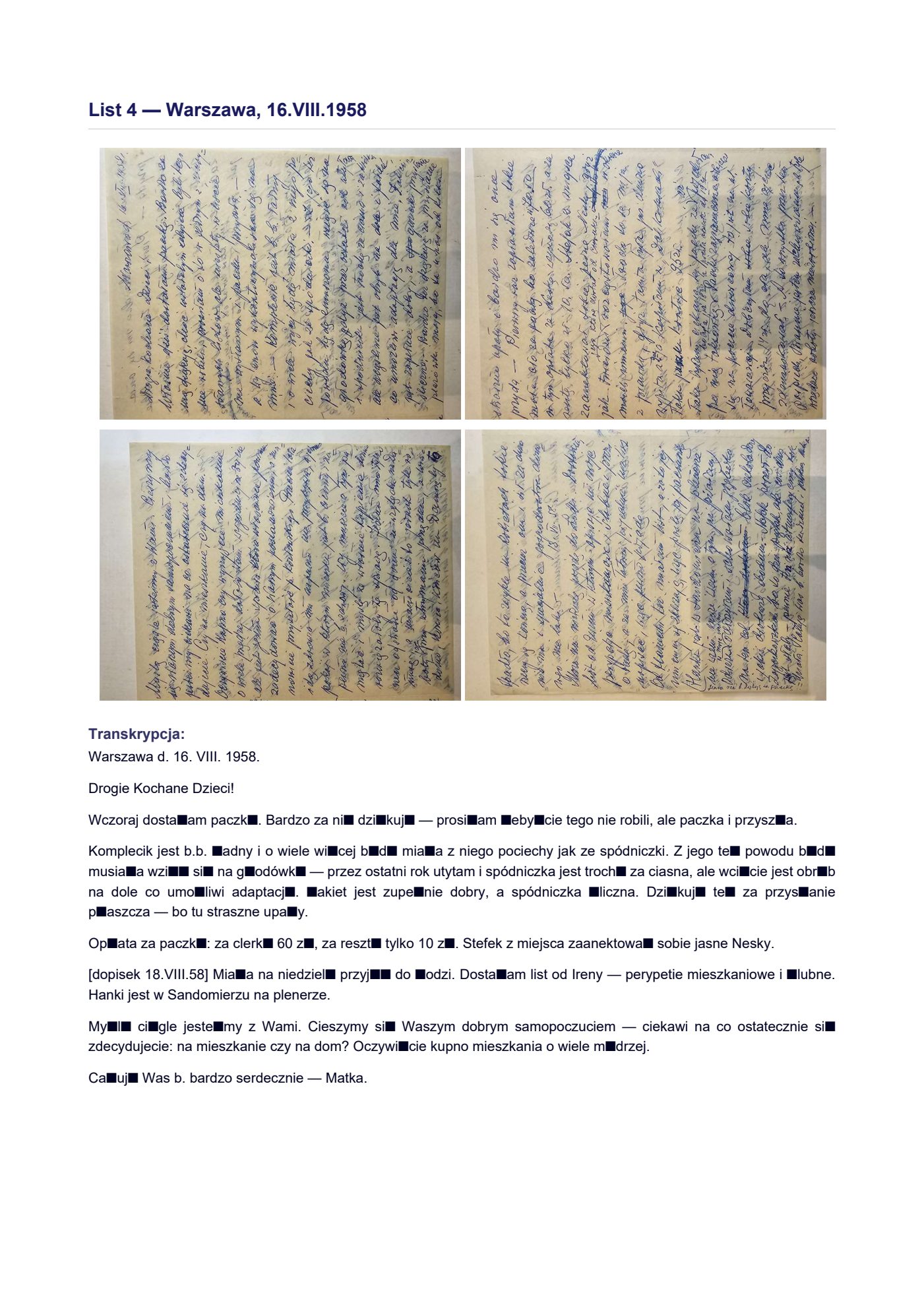 List Wandy z 16.VIII.1958