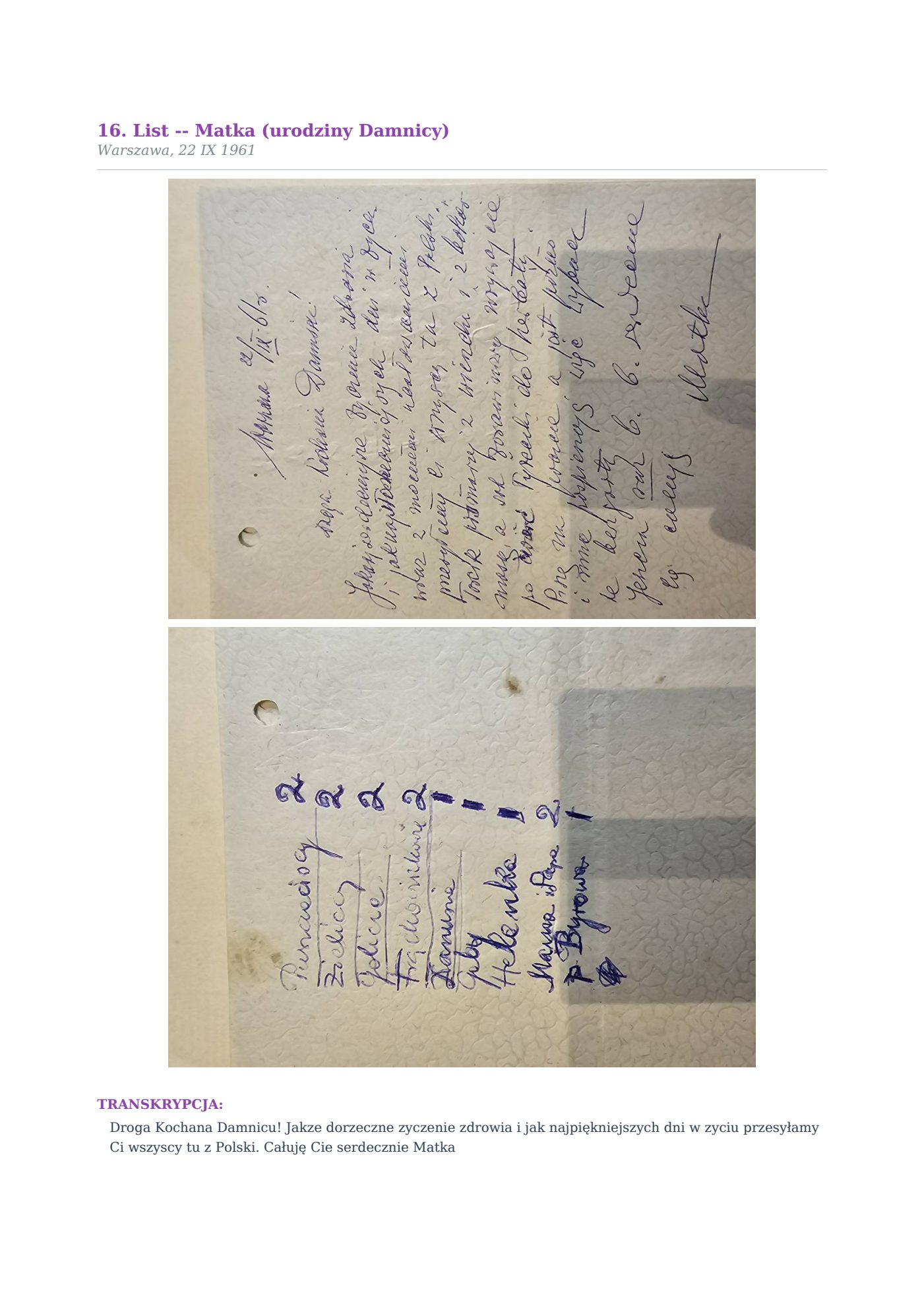 List Wandy z 22.IX.1961