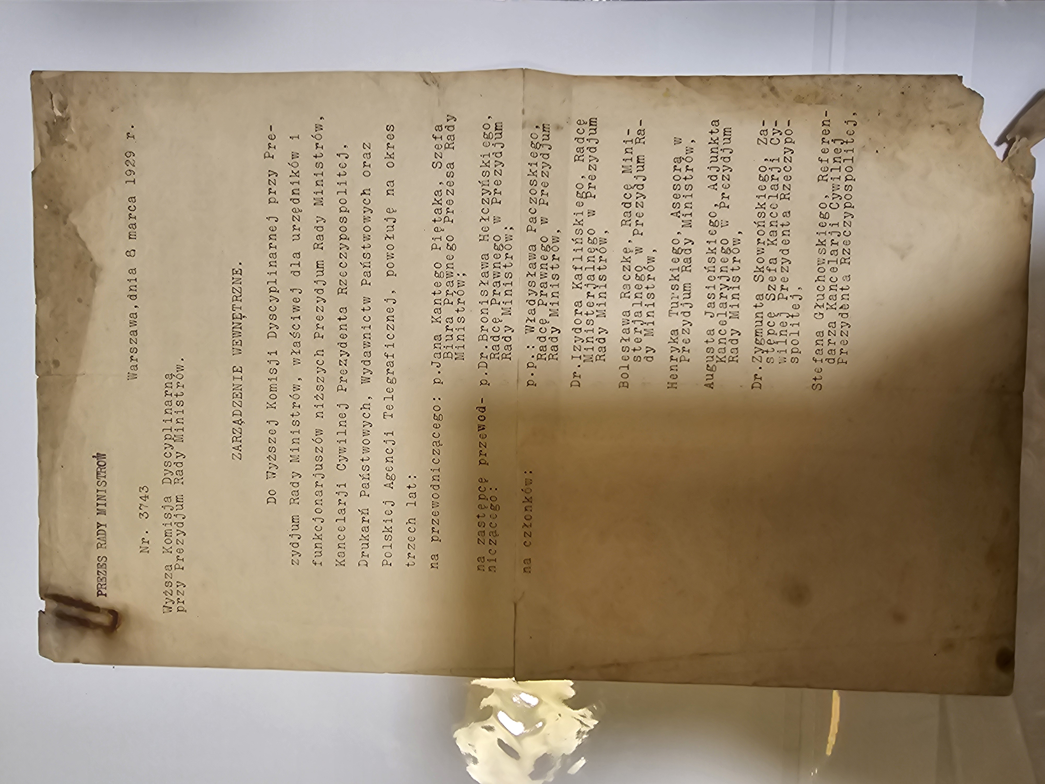Zarządzenie Prezesa Rady Ministrów — Wyższa Komisja Dyscyplinarna przy PRM, 8.III.1929