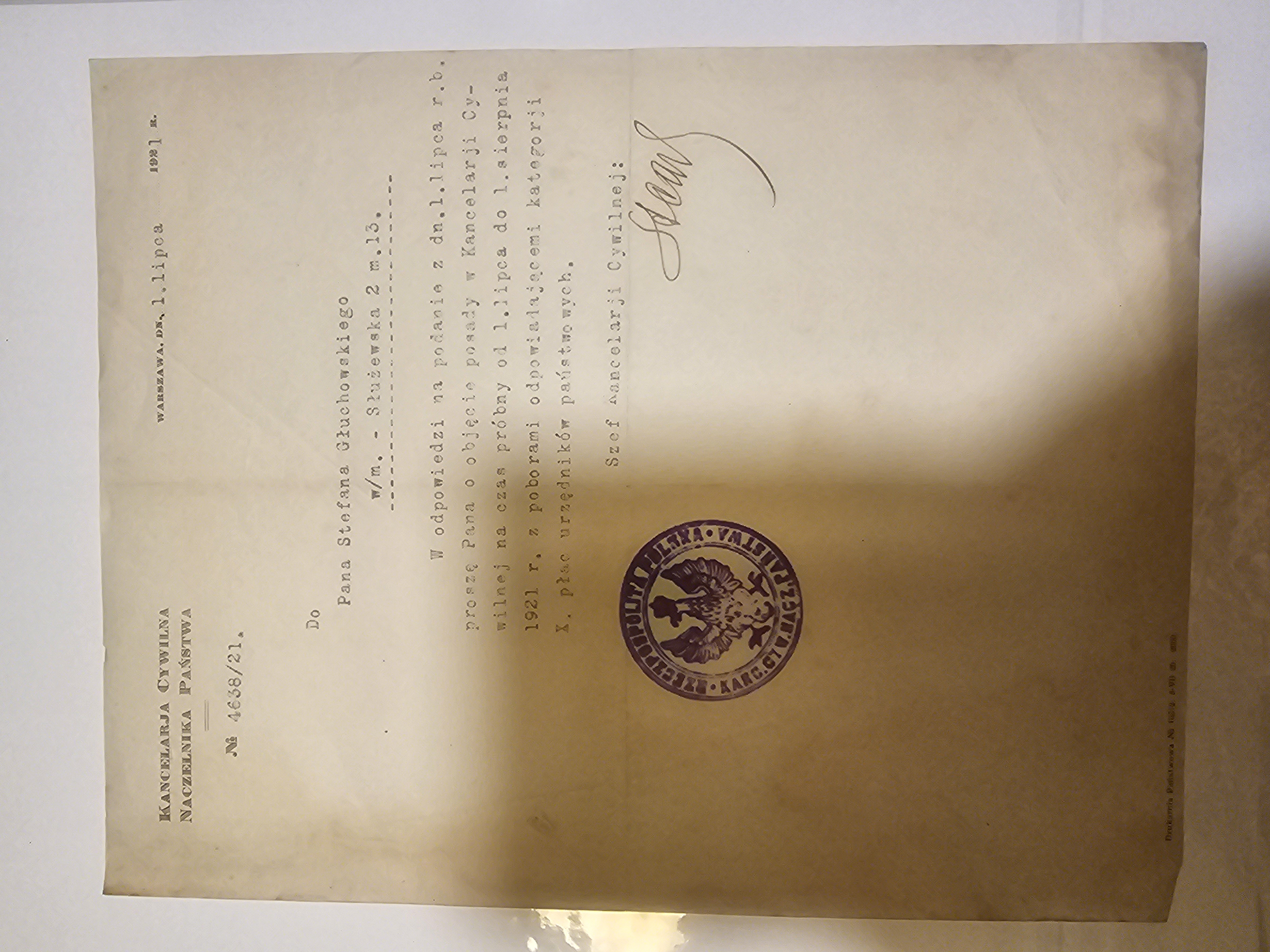List zatrudnieniowy — Stefan Głuchowski przyjęty na próbę do Kancelarji Cywilnej Naczelnika Państwa, 1.VII.1921, podpis Stanisława Cara