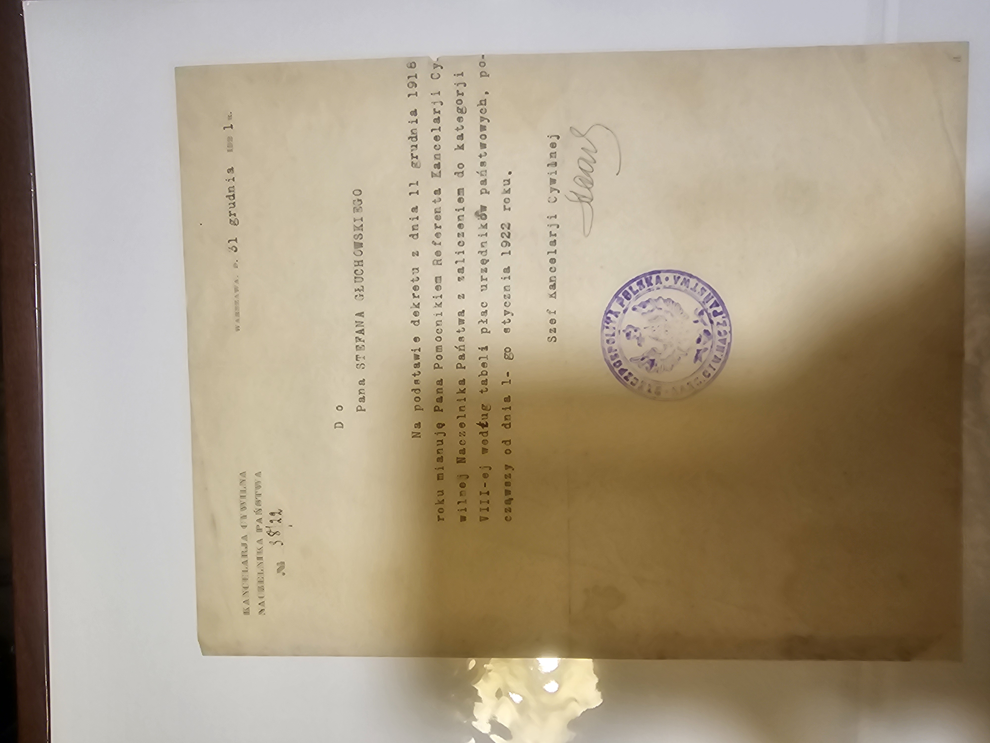 Formalne mianowanie Stefana Głuchowskiego Pomocnikiem Referenta Kancelarii Cywilnej — od 1.I.1922