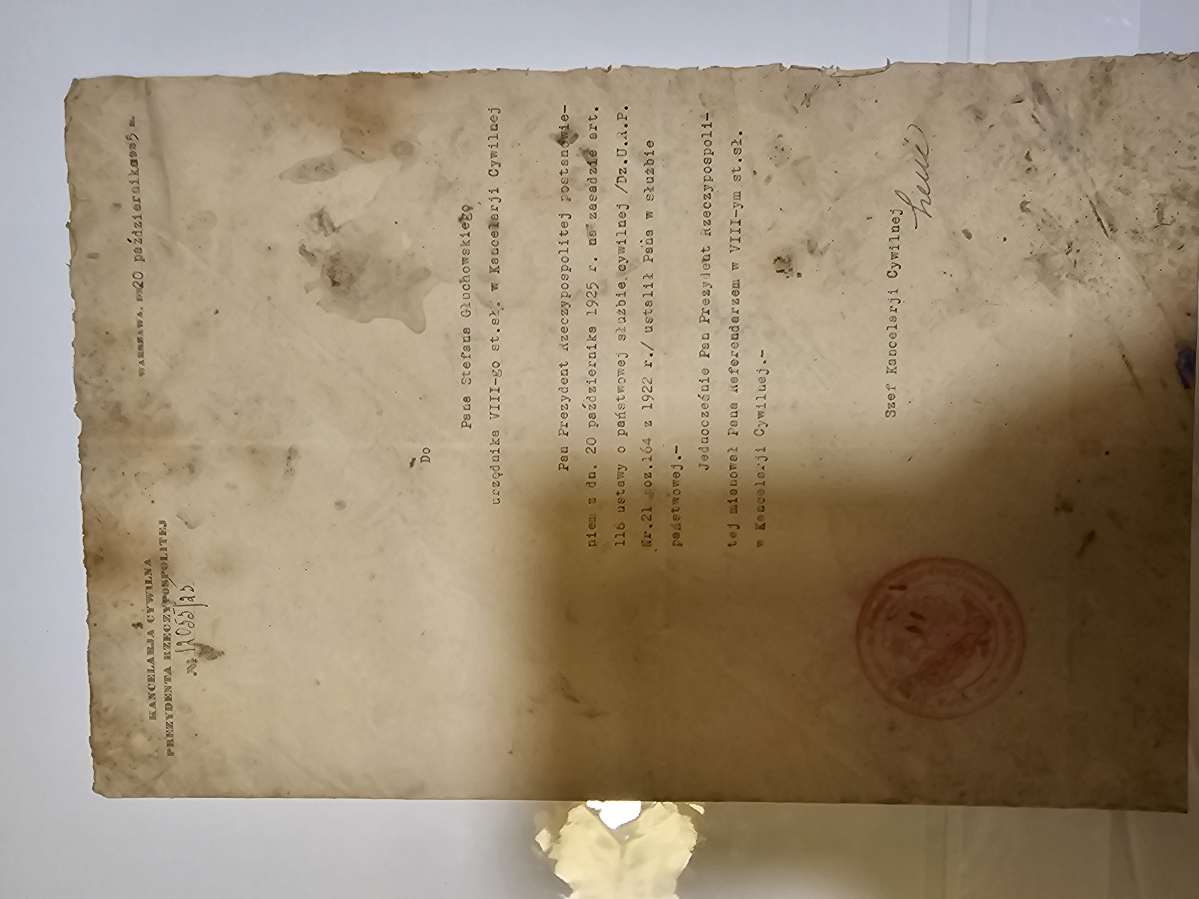 Zawiadomienie o ocenie kwalifikacji Stefana Głuchowskiego – 'bardzo dobra' za rok 1924