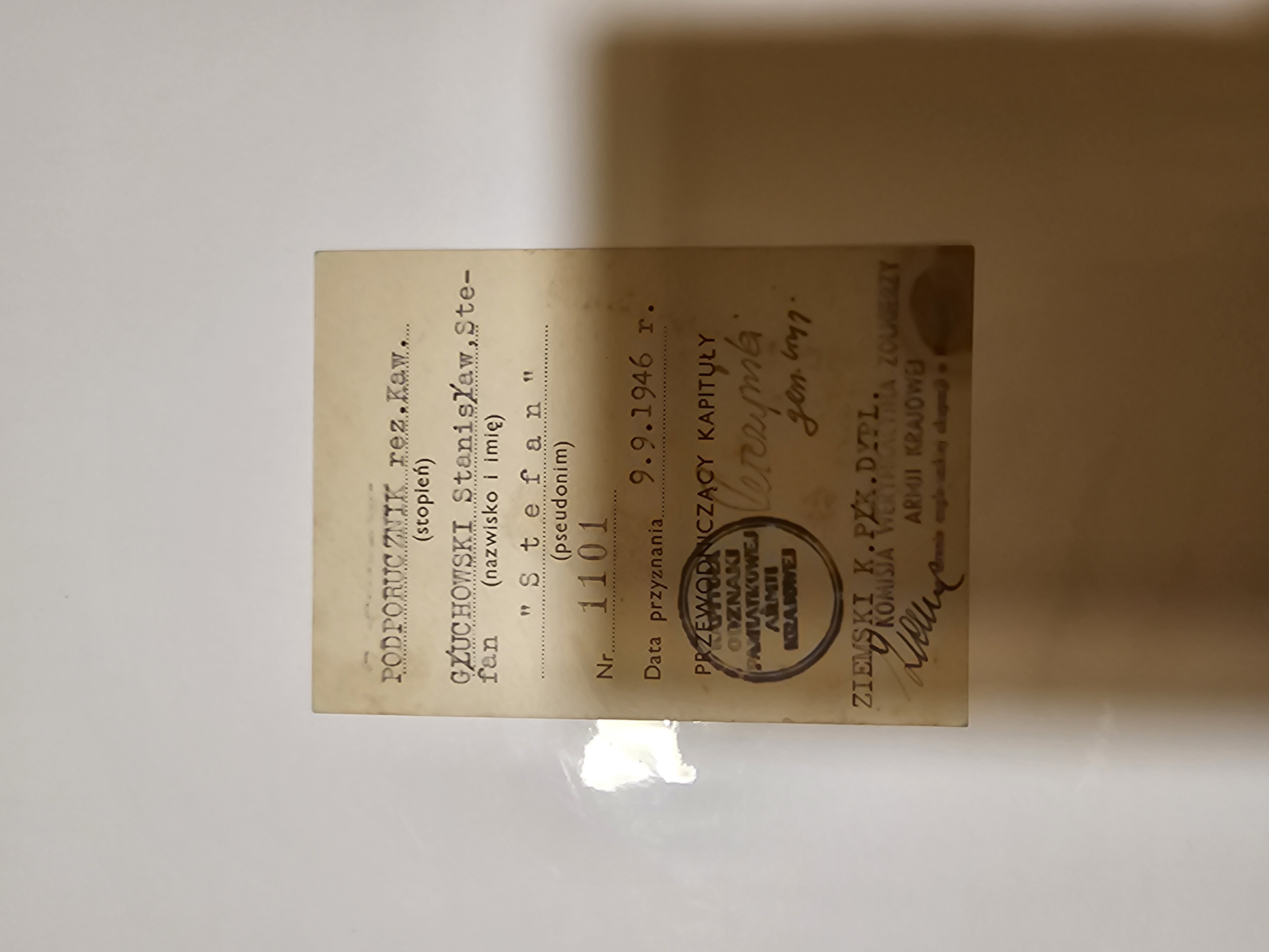 Legitymacja żołnierza AK Okręg Warszawski – ppor. Stefan Głuchowski ps. 'Stanisław', Nr 2856 – 25 VII 1944