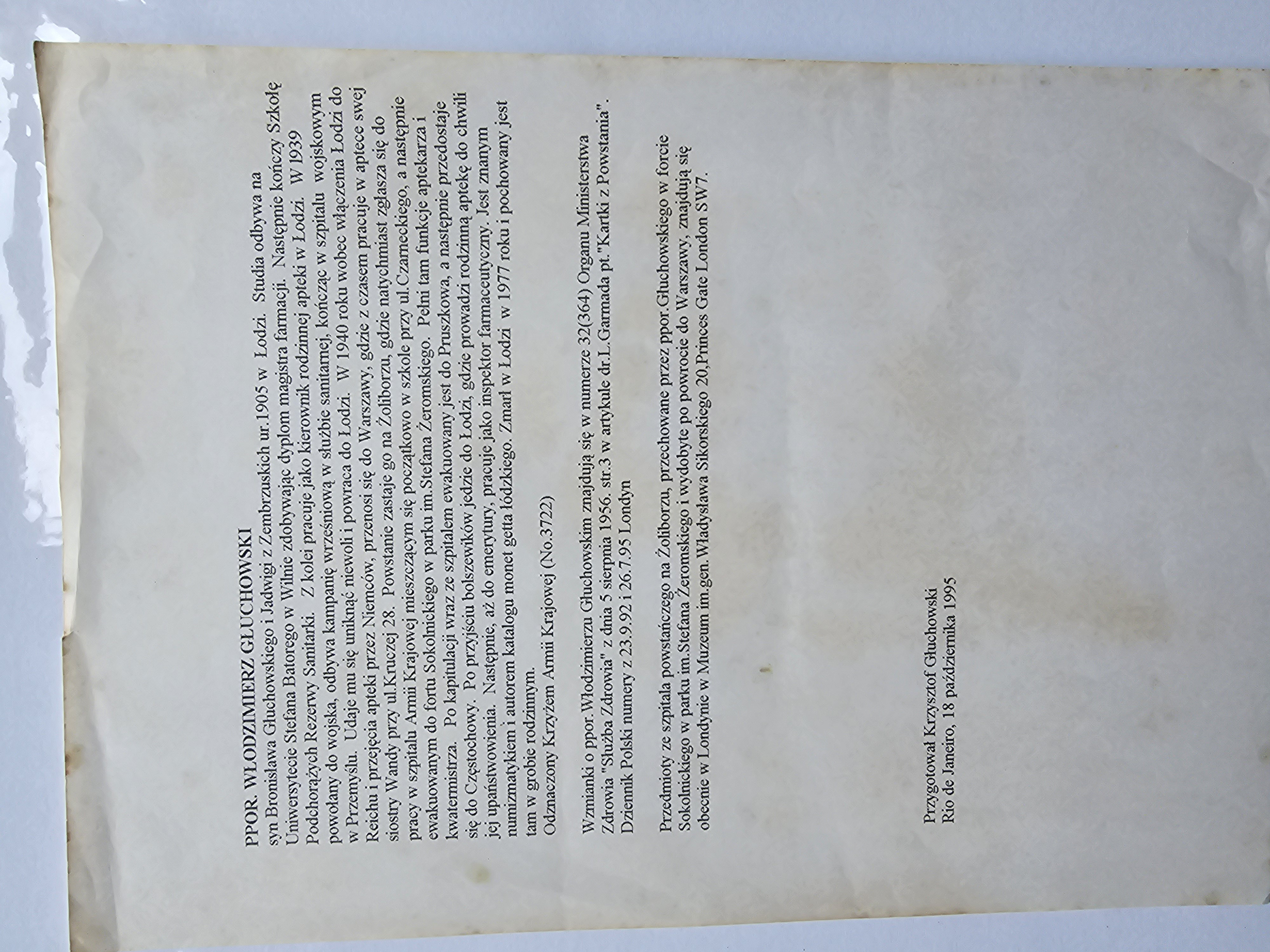 Nota biograficzna — ppor. Włodzimierz Głuchowski (oprac. Krzysztof Głuchowski, Rio de Janeiro, 18.X.1995)