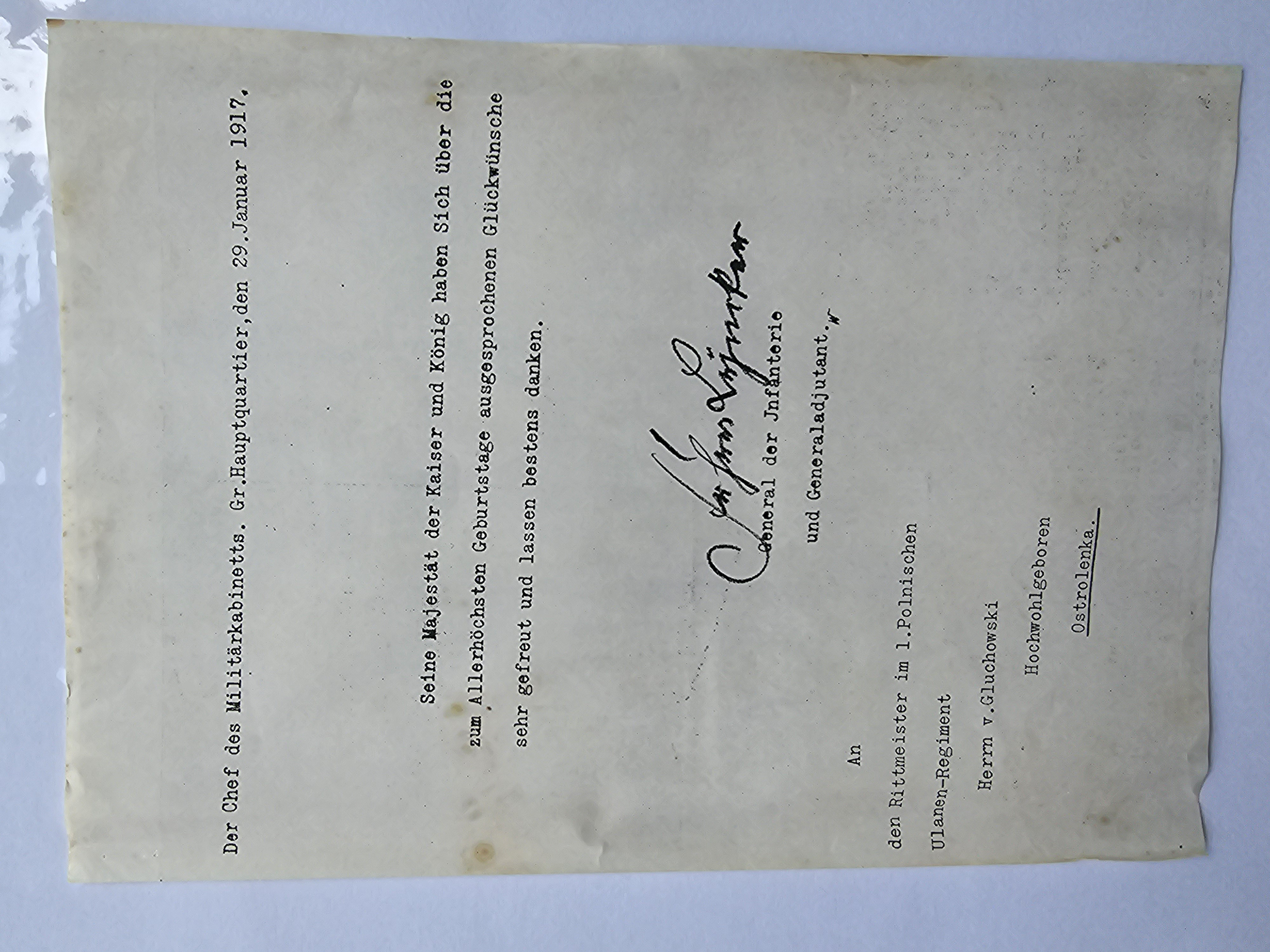 Fotokopia — Podziękowanie Gabinetu Wojskowego Cesarza Wilhelma II dla rtm. v. Głuchowskiego (Gr. Hauptquartier, 29.I.1917)