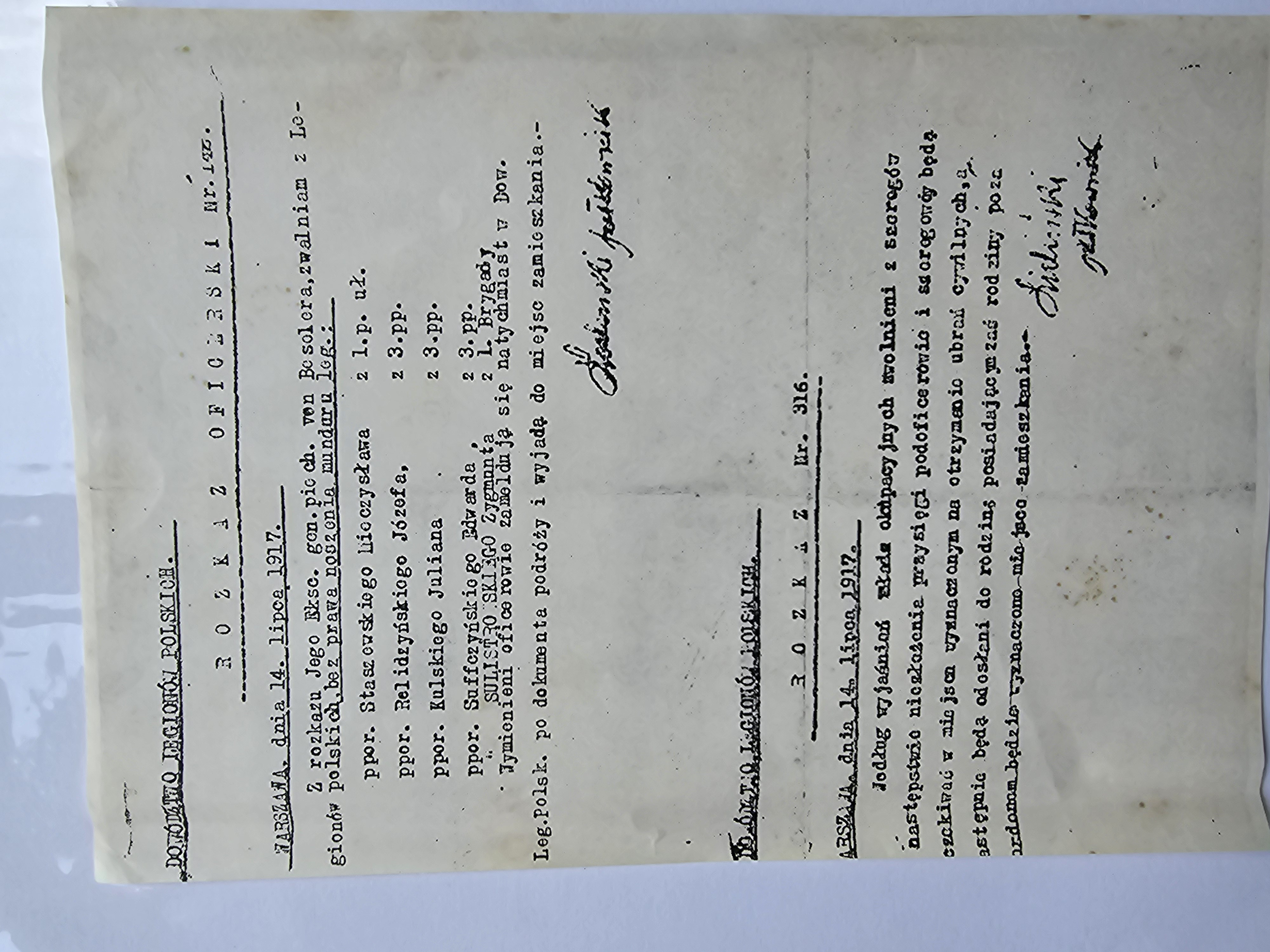 Fotokopia — Rozkaz Oficerski Nr 125 (+ Nr 316) Dowództwa Legionów Polskich — zwolnienia oficerów, von Beseler (Warszawa, 14.VII.1917)