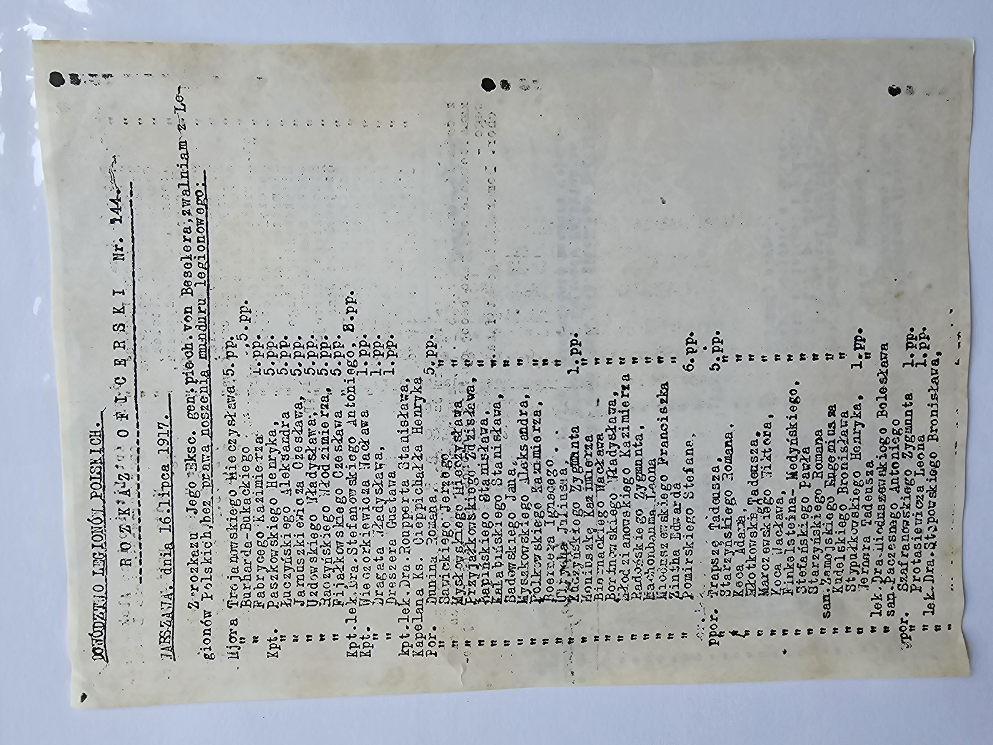 Fotokopia — Rozkaz Oficerski Nr 144 Dowództwa Legionów Polskich — masowe zwolnienia oficerów (lista 60+), von Beseler (Warszawa, 16.VII.1917)