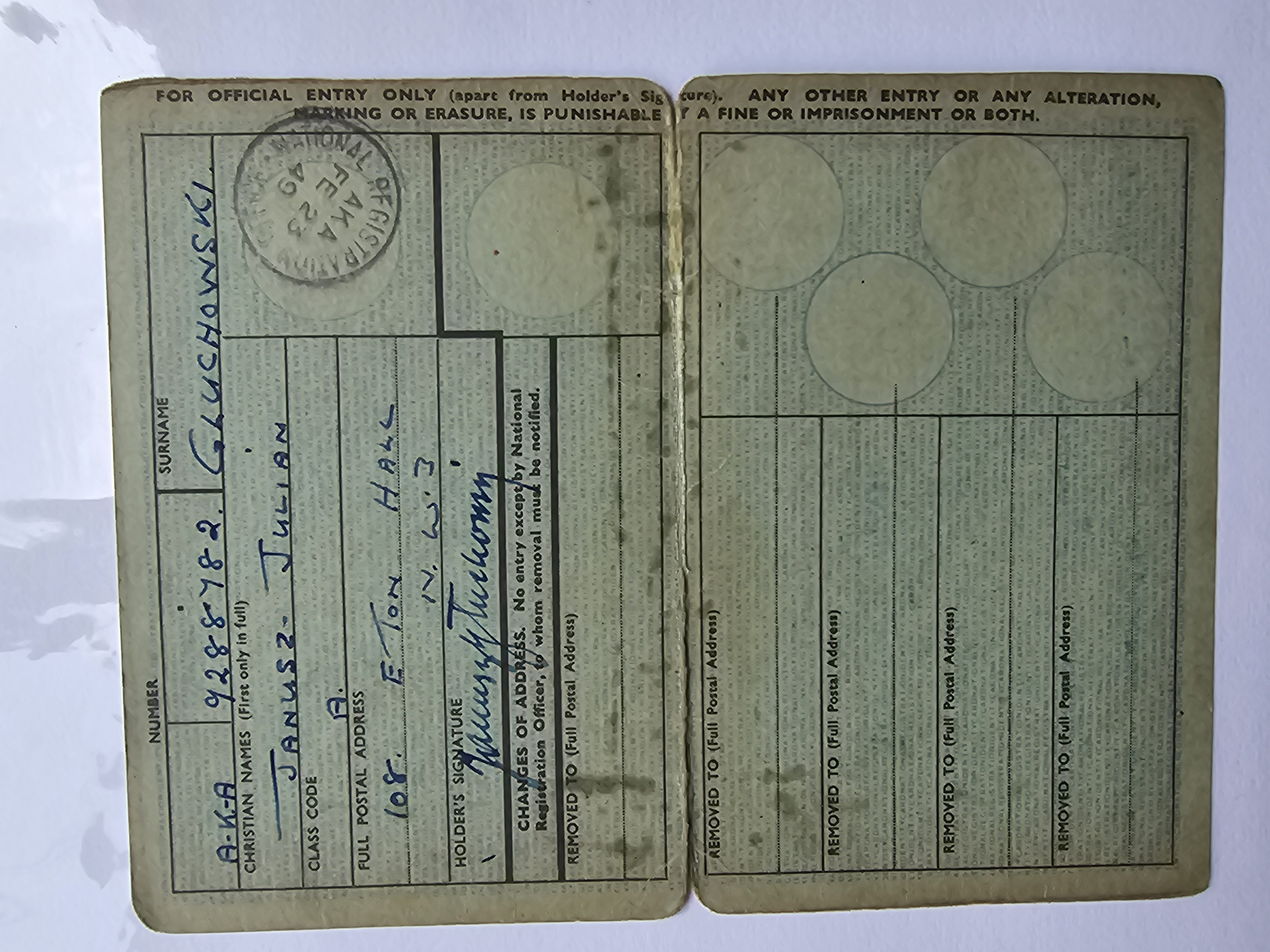 British National Registration Identity Card Nr A-KA 9288782 — Janusz Julian Głuchowski (Londyn)