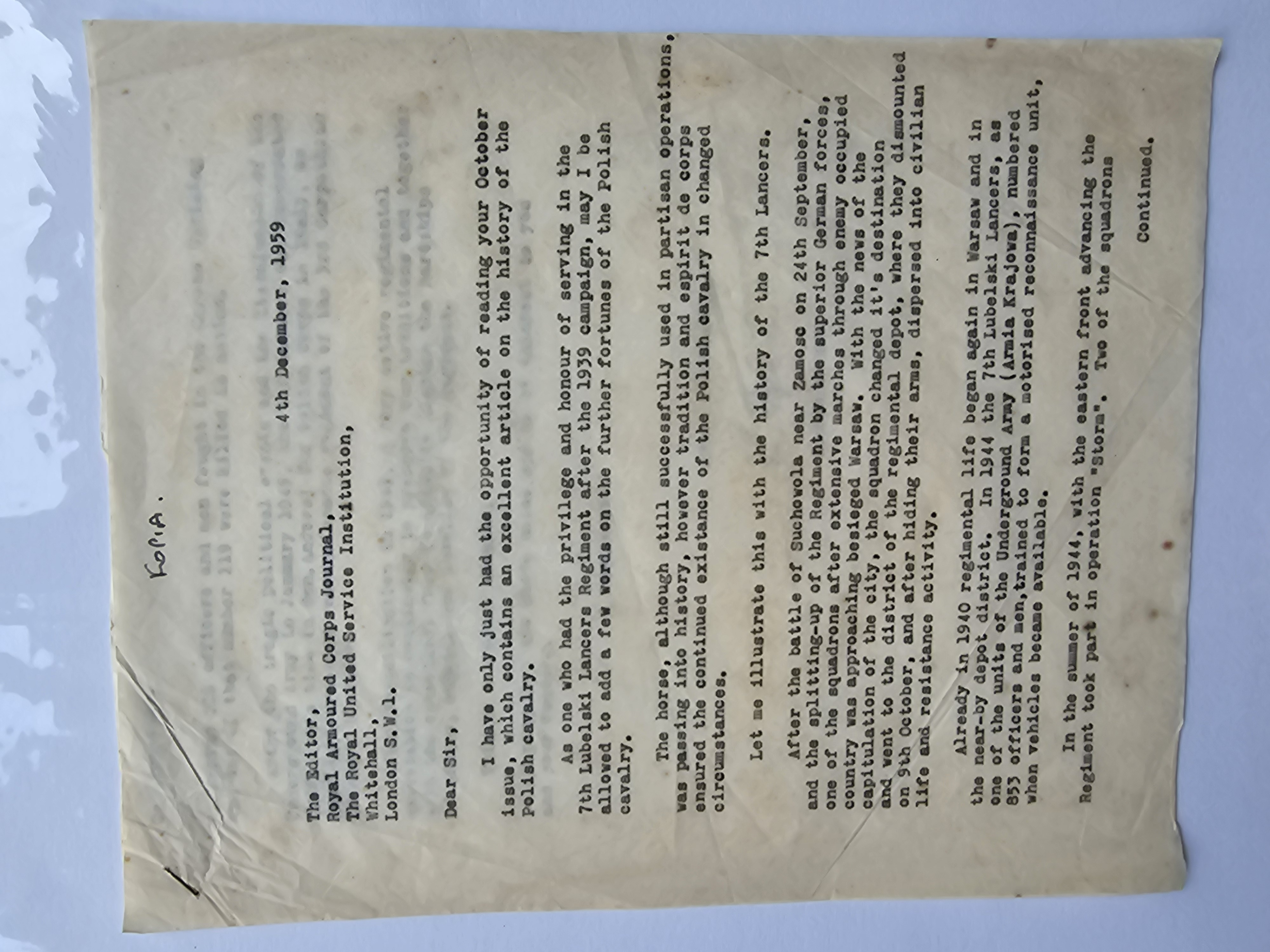 List Krzysztofa Głuchowskiego do Royal Armoured Corps Journal — dzieje 7 Pułku Ułanów Lubelskich (kopia, 4.XII.1959)