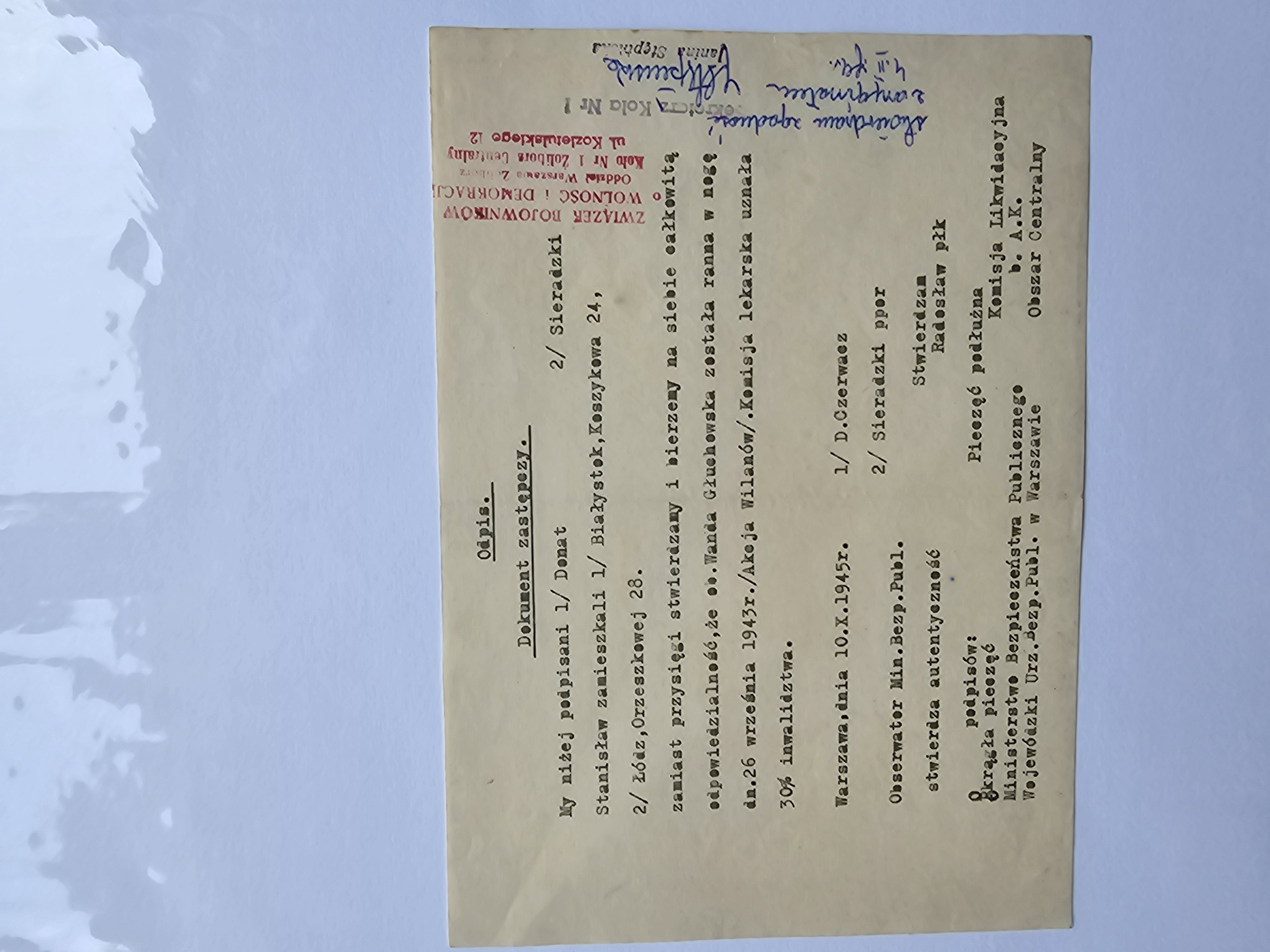 Dokument zastępczy o ranie Wandy Głuchowskiej — Akcja Wilanów, podpis „Radosław” (Warszawa, 10.X.1945)