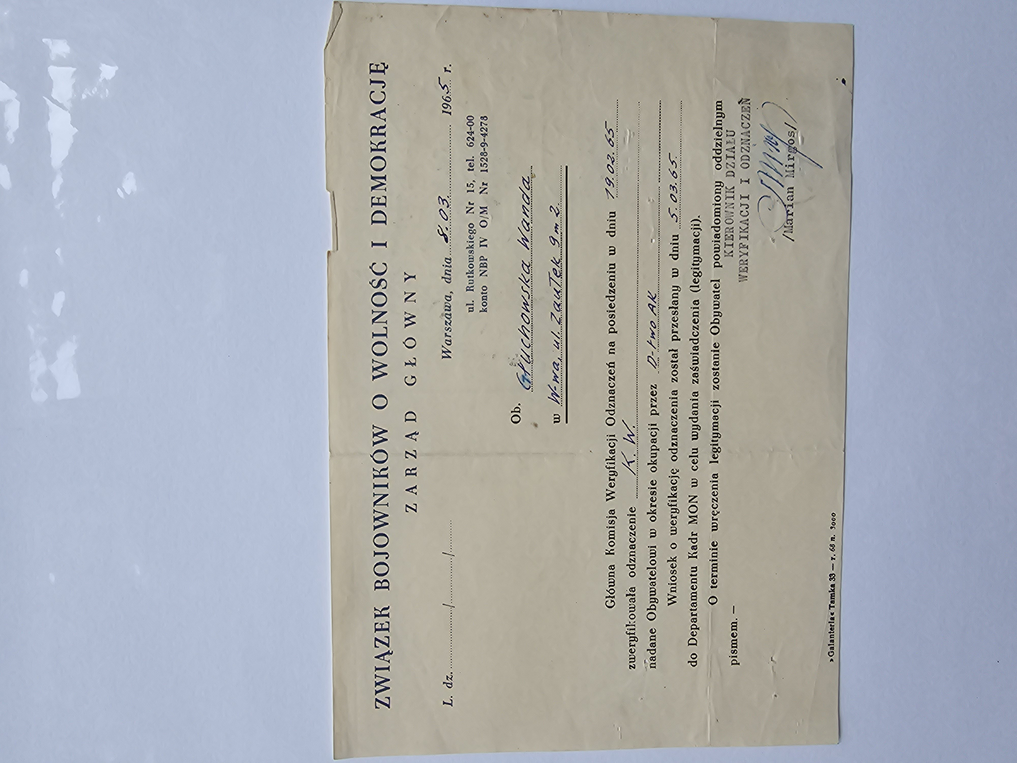 ZBoWiD — weryfikacja Krzyża Walecznych Wandy Głuchowskiej (Warszawa, 8.III.1965)