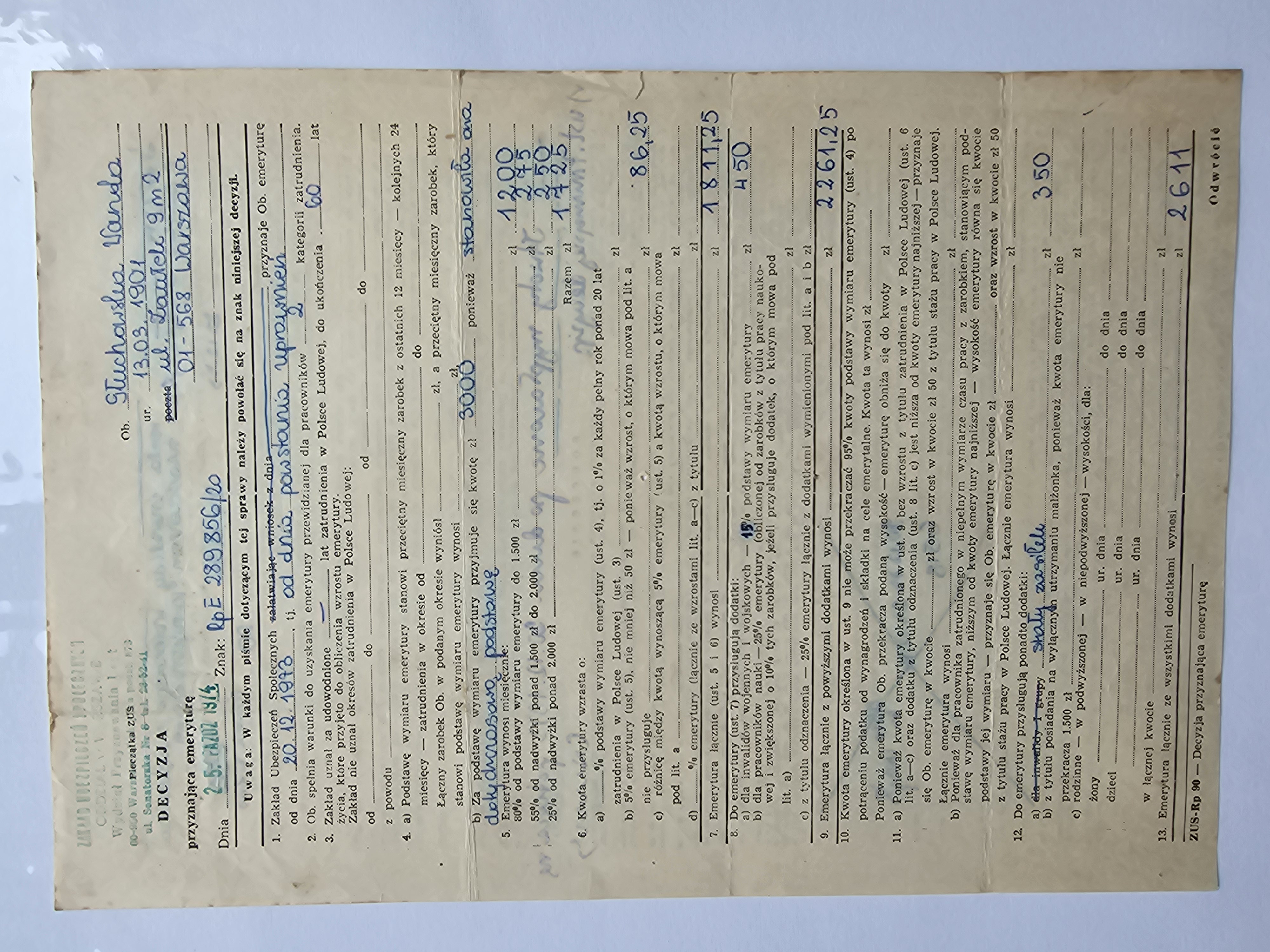 ZUS — decyzja podwyższająca rentę inwalidy wojennego Wandy Głuchowskiej (Warszawa, X.1974)