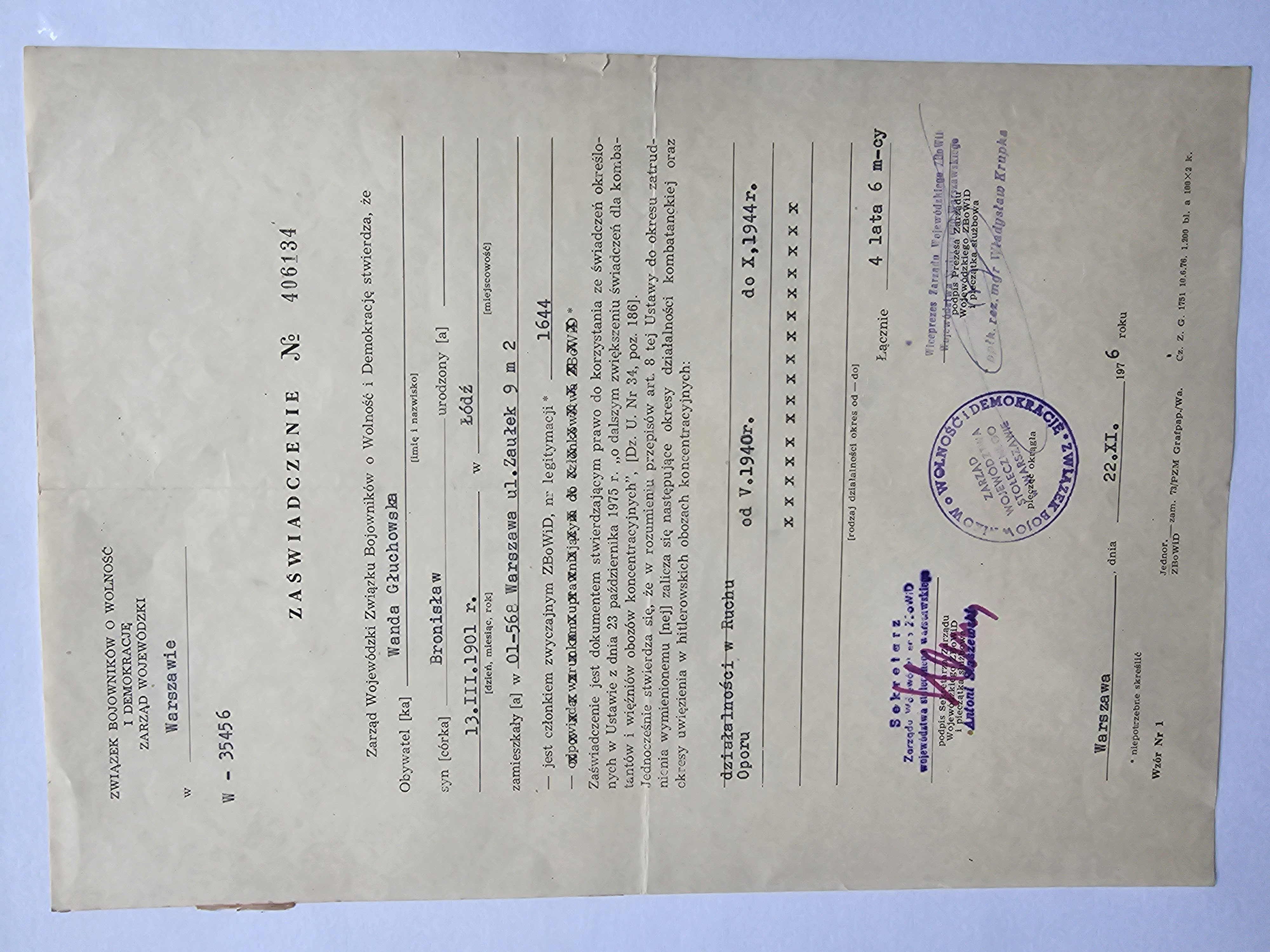 ZBoWiD — zaświadczenie kombatanckie Wandy Głuchowskiej Nr 406134 (Warszawa, 22.XI.1976)