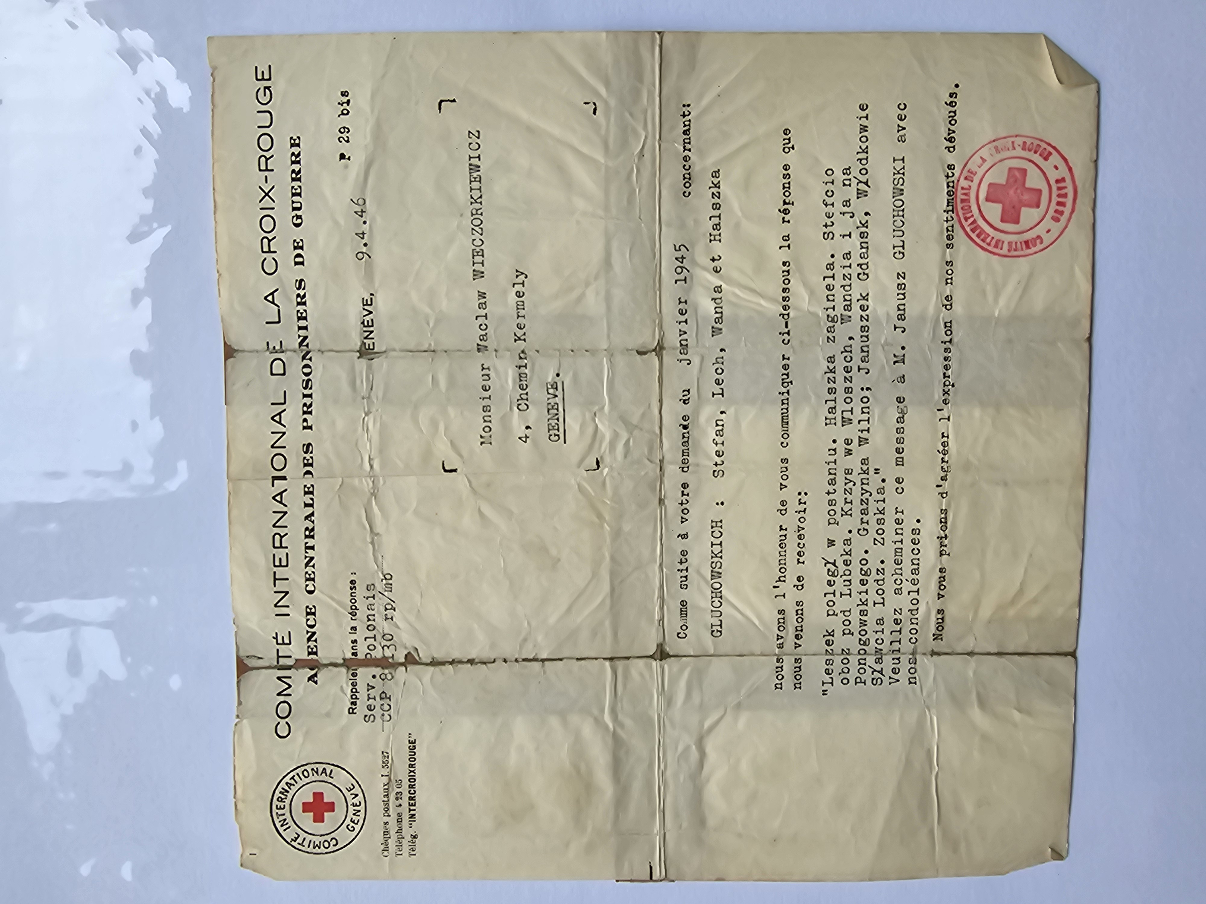 List Międzynarodowego Komitetu Czerwonego Krzyża do Wacława Wieczorkiewicza — losy rodziny Głuchowskich (Genewa, 9.IV.1946)